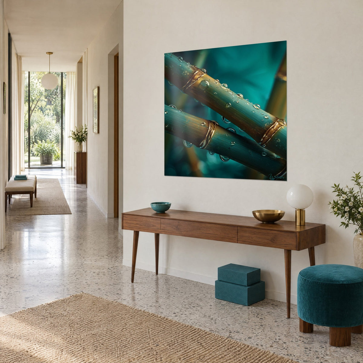 Tableau tiges croisées vert-bleu et nœuds cuivrés couverts de perles d'eau, vu de biais dans une entrée aux murs crème