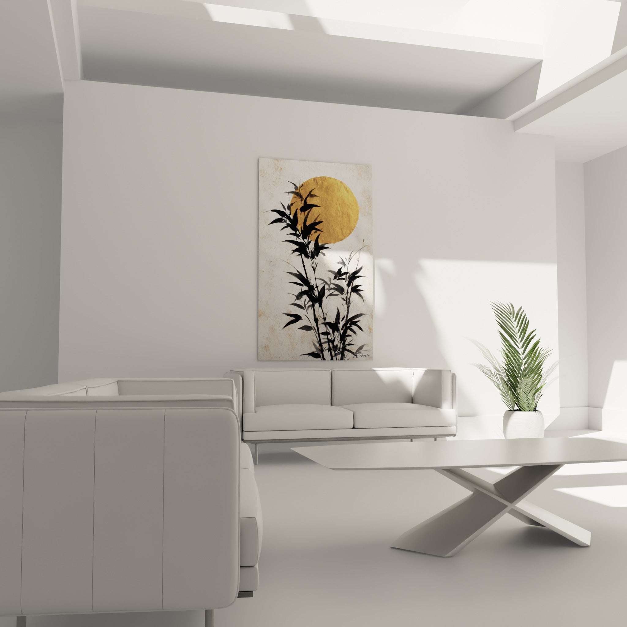 Tiges de bambou anthracite se détachant du disque solaire doré au-dessus d'un canapé dans un salon lumineux