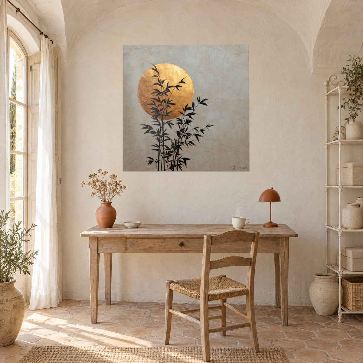 Quadro cerchio d'oro opaco striato dietro foglie di bambù nere, fondo grigio-beige, parete di un ufficio in legno chiaro accanto a una lampada color ruggine