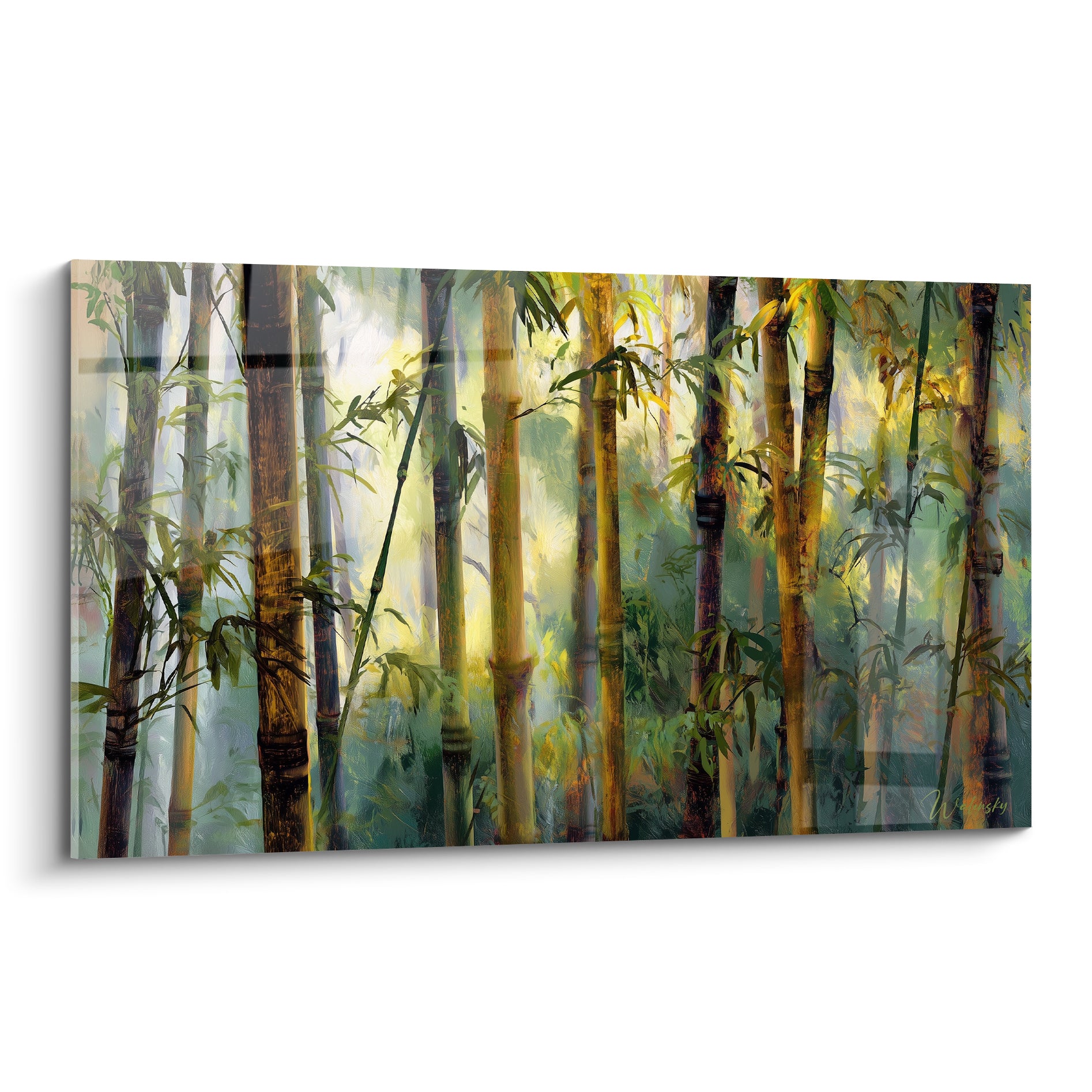 Tiges de bambou brunes et dorées émergeant d'une brume verte, style pictural détaillé