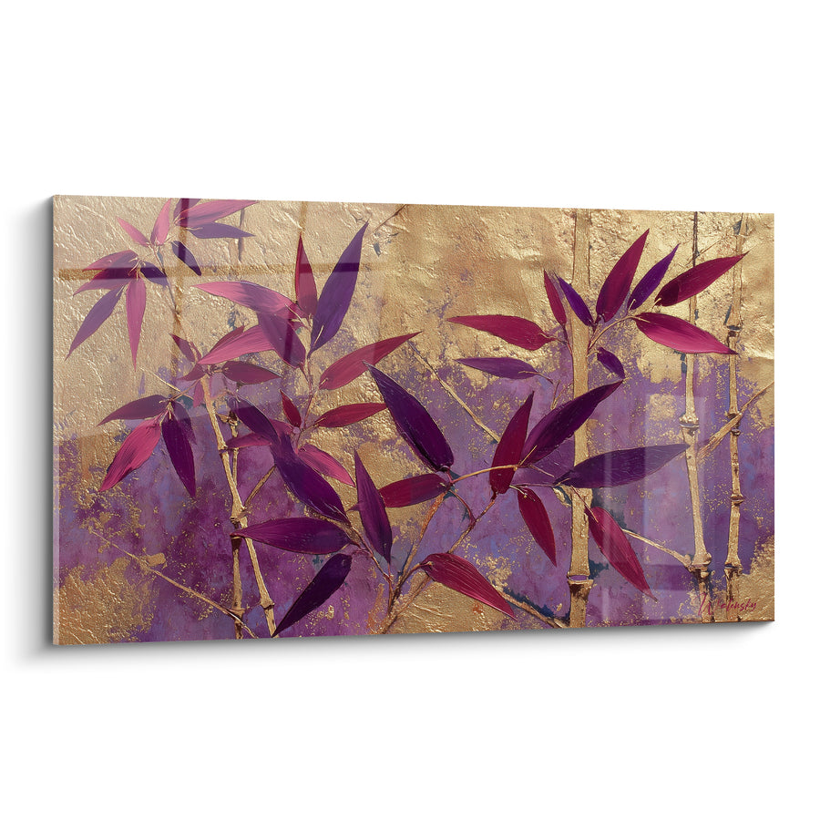 Tableau Bambou pourpre et doré feuilles pointues serrées - Éclat magenta profond - Edition Bambou