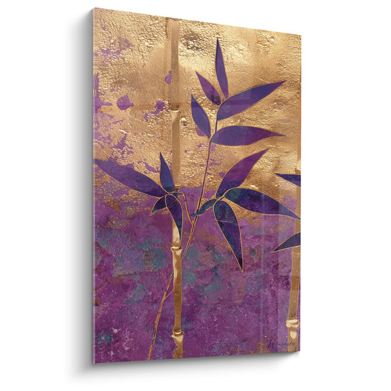 Bambou doré texturé aux feuilles violettes se détachant sur un fond magenta intense