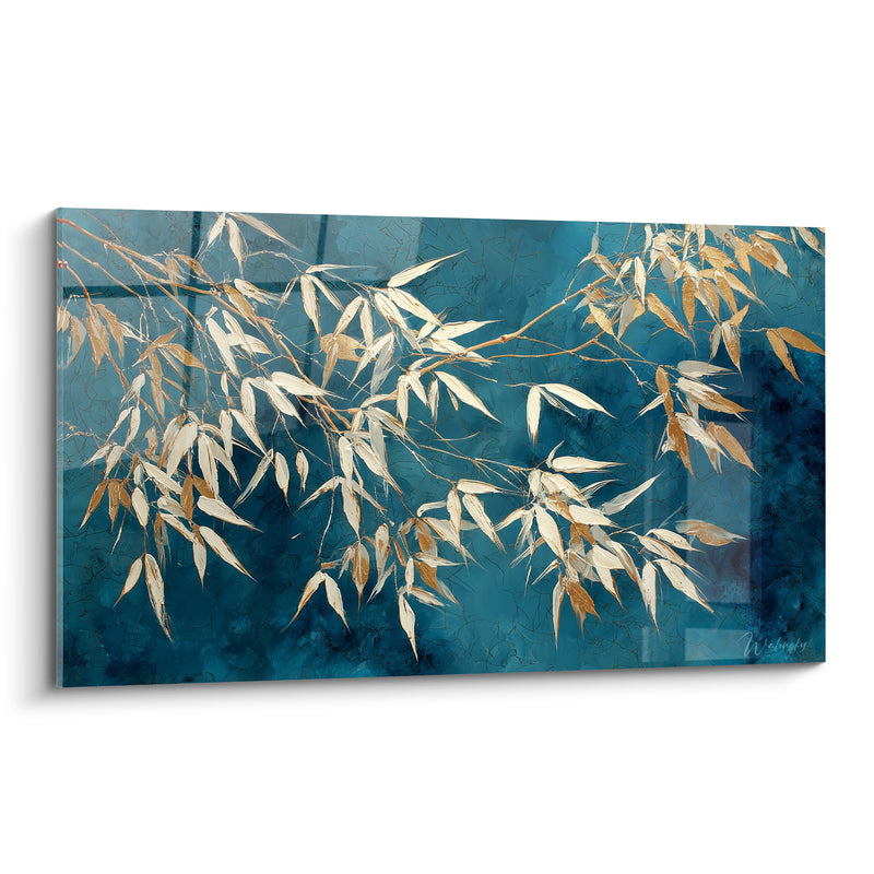 Tableau Feuilles de bambou dorées sur fond bleu pétrole - Souffle nocturne - Edition Bambou