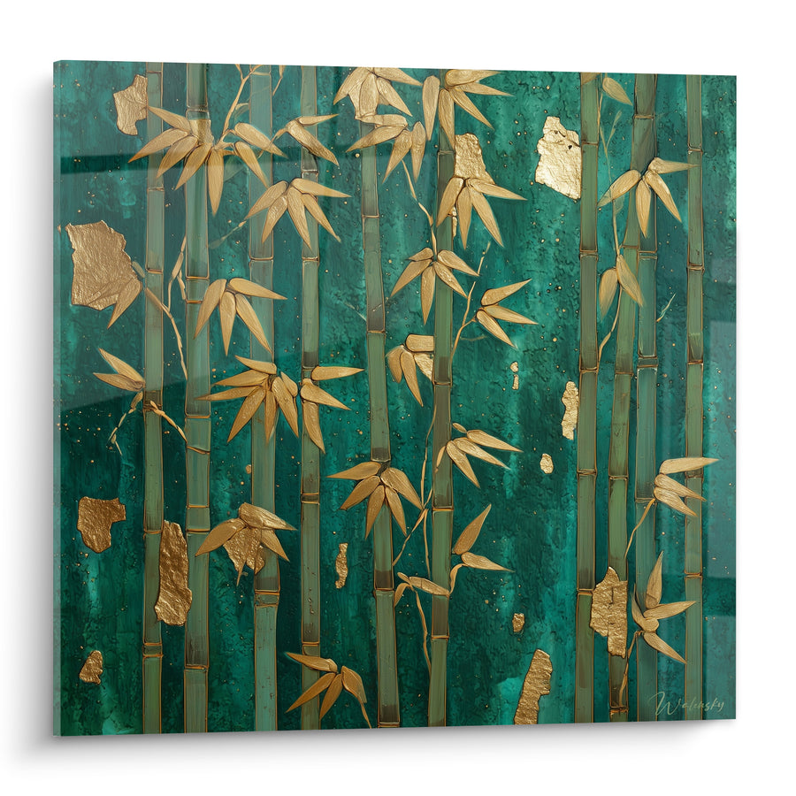 Tableau Tiges vert émeraude et feuilles dorées éclats de feuille d'or - Fragments métalliques épars - Edition Bambou