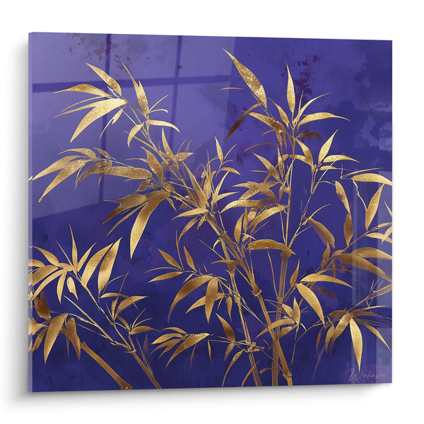 Golden Bamboo Painting on Indigo Blue Background - Nocturnal Awakening - Bamboo Edition