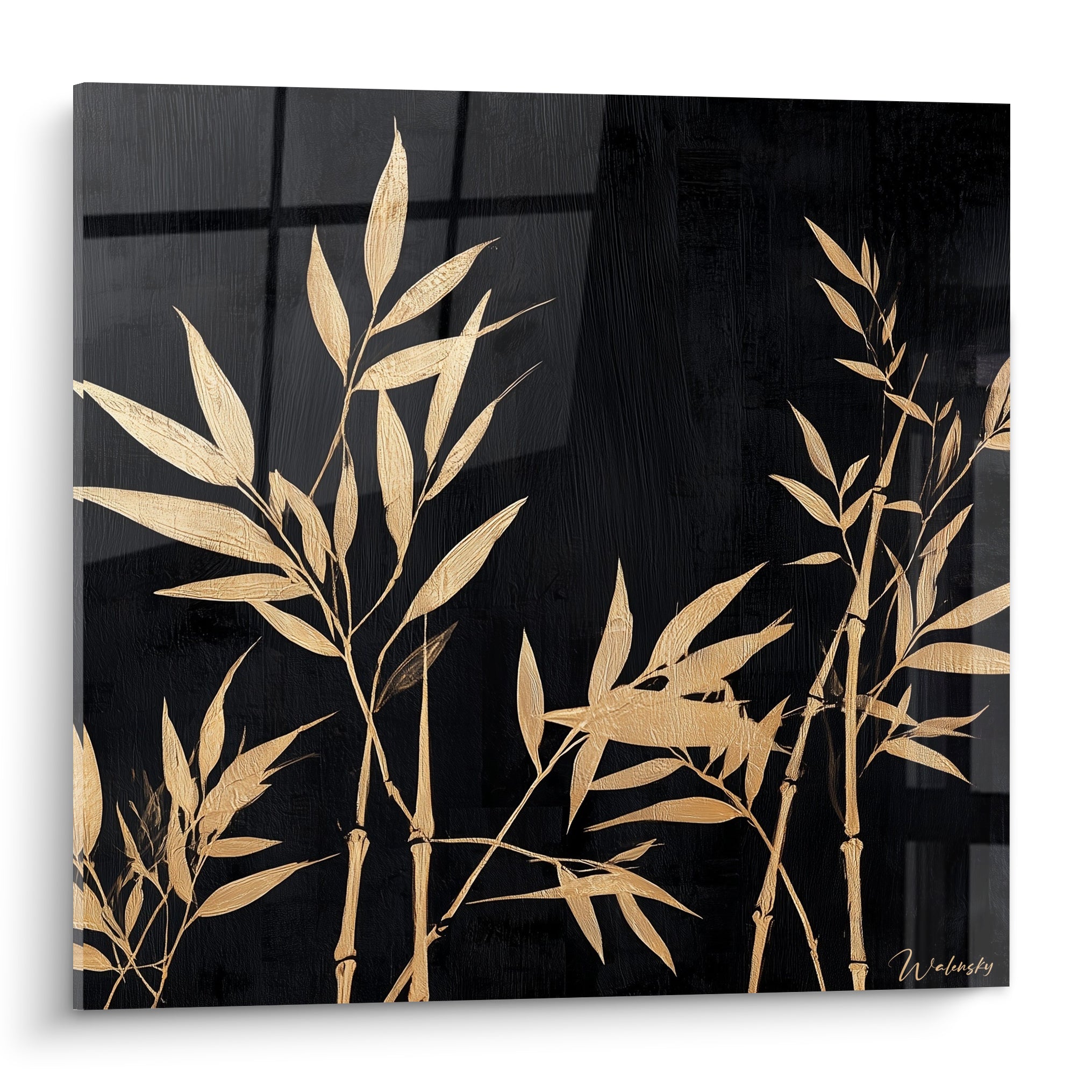 Tiges de bambou doré se déploient sur fond noir profond, feuilles élancées et texture peinte visible