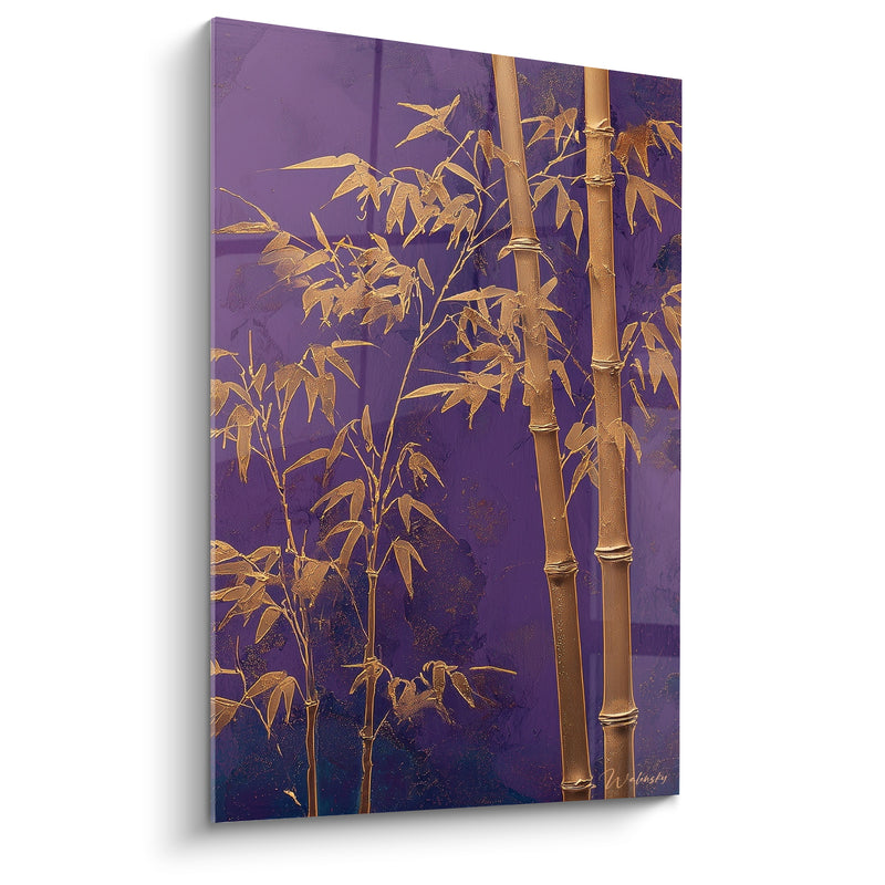 Tableau Tiges dorées et fond violet noeuds texturés - Reflet nocturne velouté - Edition Bambou