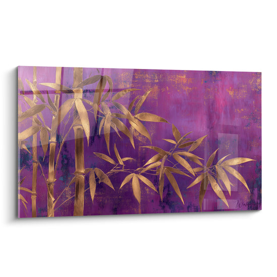 Bambou doré aux feuilles allongées se déployant sur un fond violet et magenta texturé