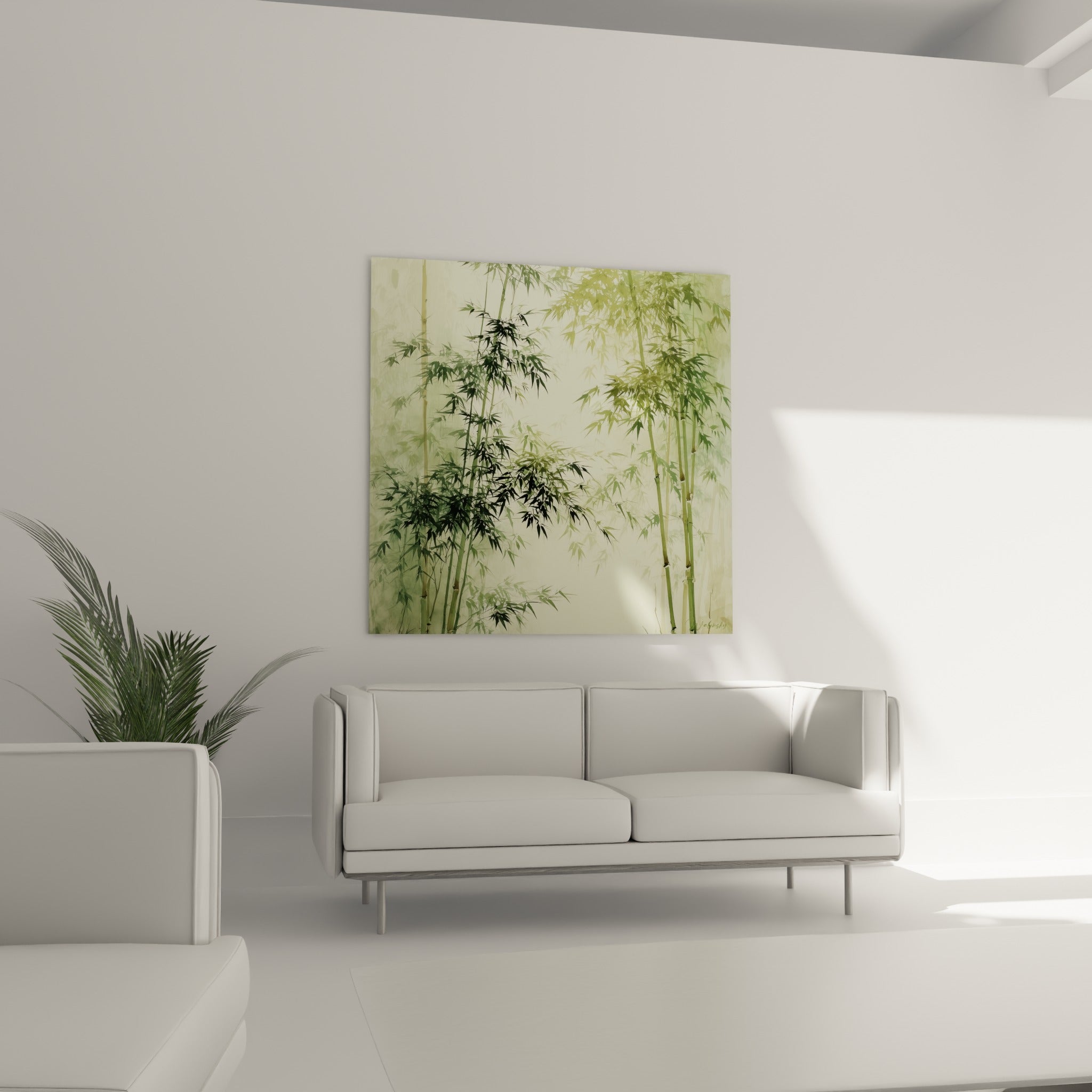 Feuillage de bambou vert olive et doré émergeant d'une brume douce, au-dessus d'un canapé dans un salon lumineux