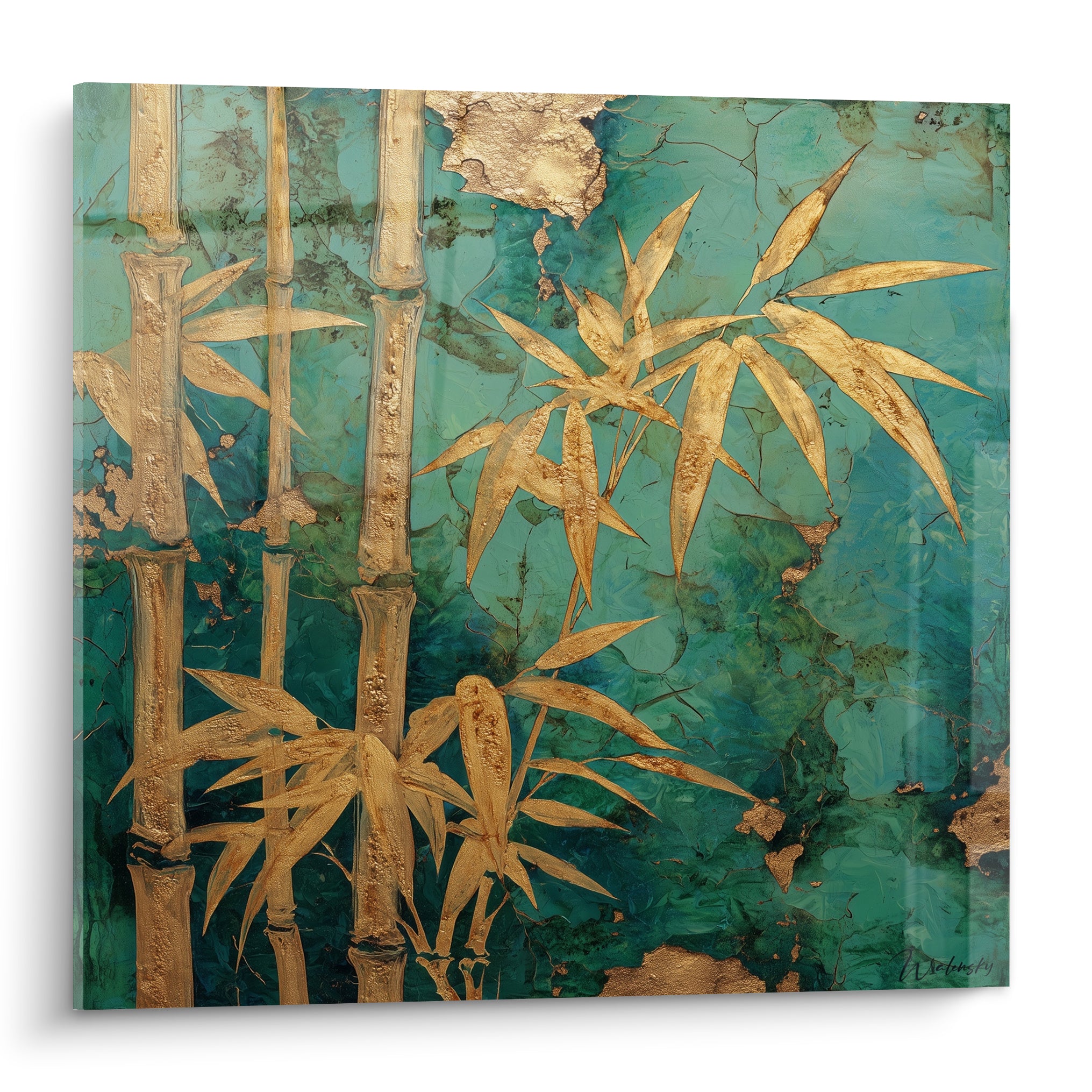 Bambou doré aux tiges verticales sur fond turquoise craquelé et texture dorée sculptée