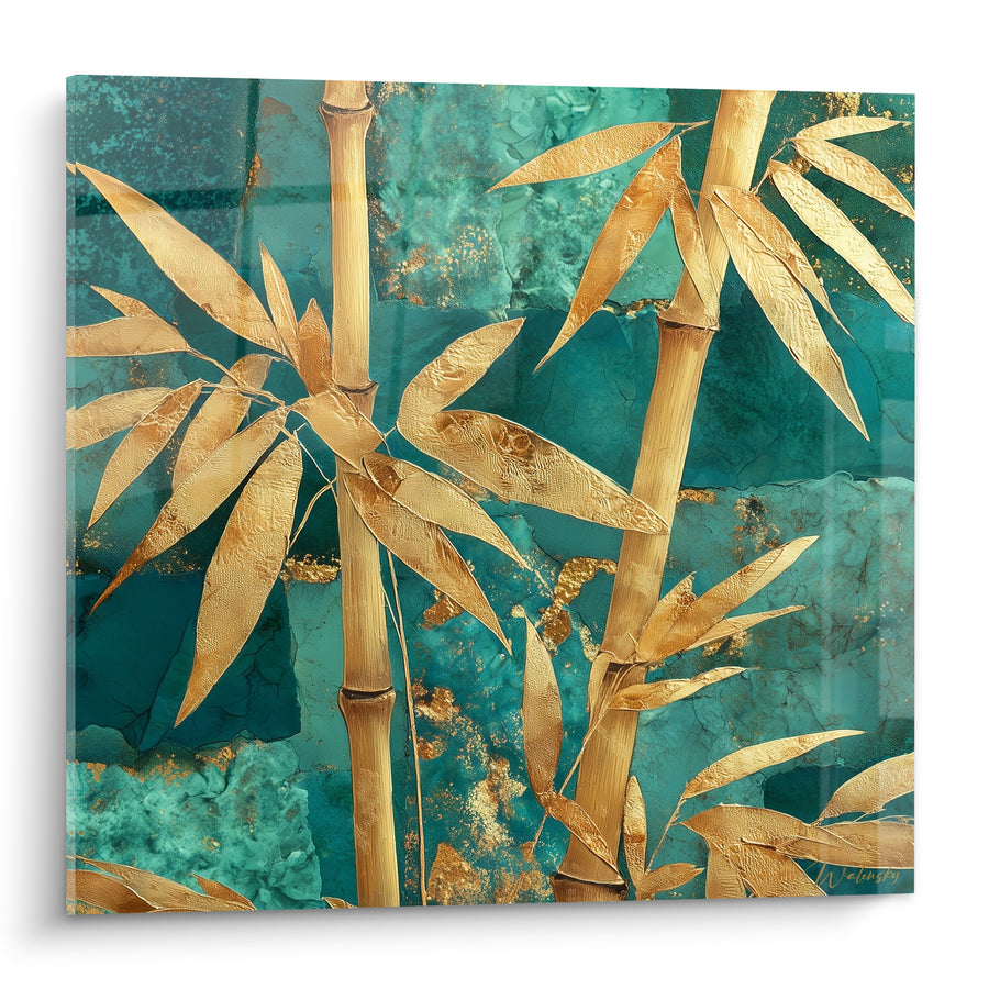 Tableau Bambou doré sur fond turquoise marbré - Sérénité orientale - Edition Bambou
