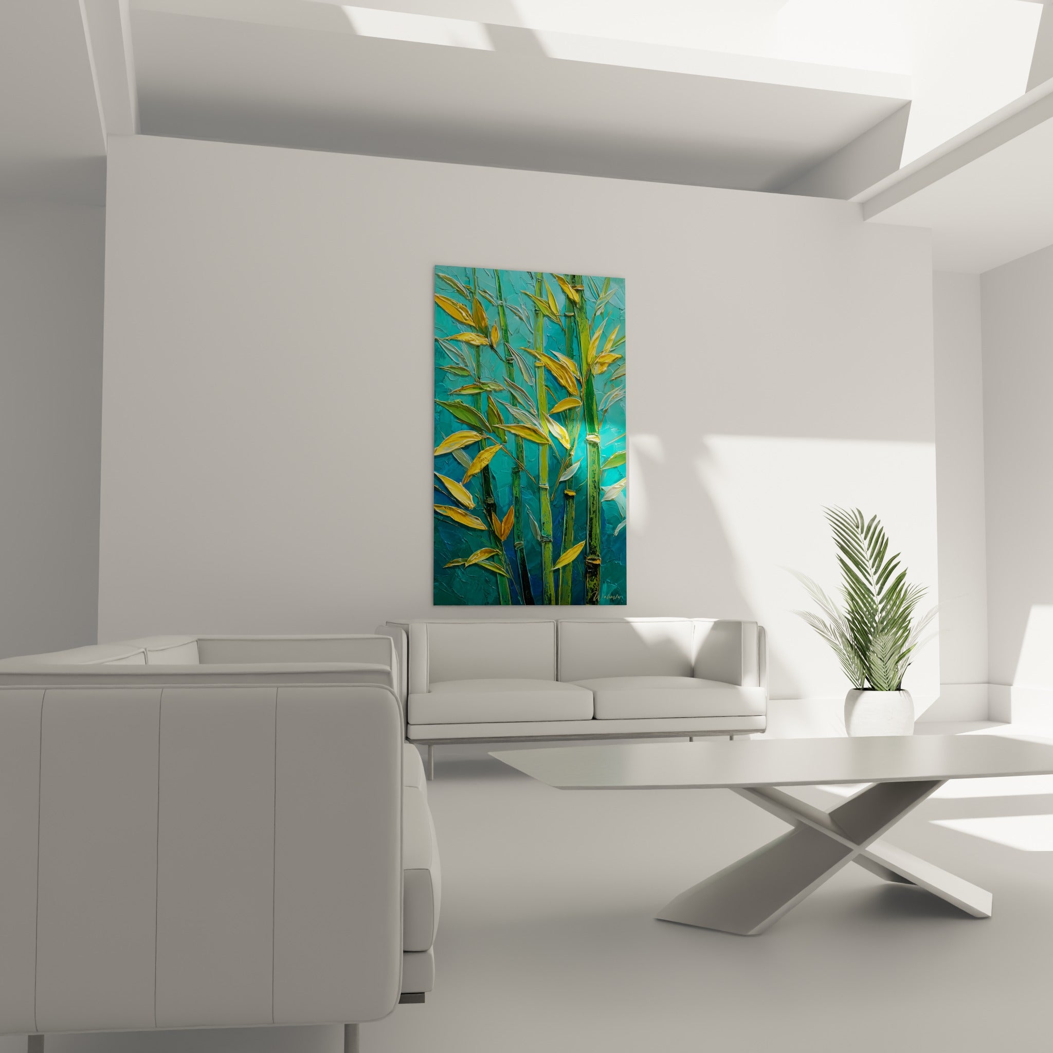 Bambou turquoise et doré aux reliefs marqués au-dessus d'un canapé dans un salon lumineux