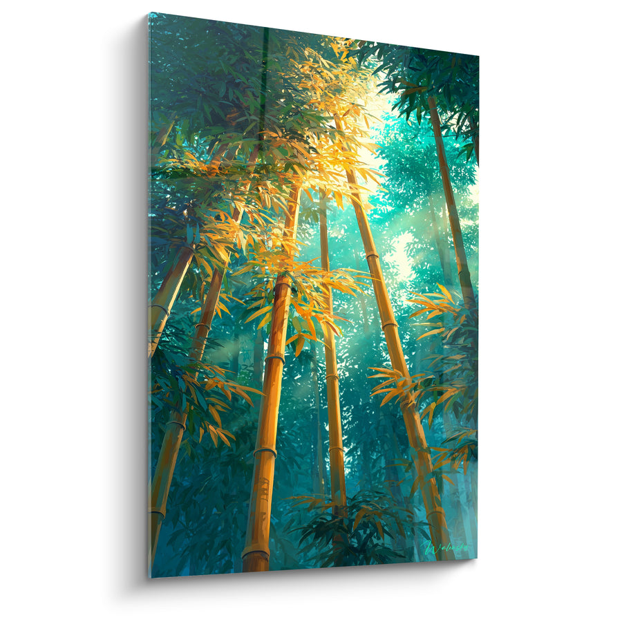 Tableau Forêt dorée turquoise vue en contre-plongée - Souffle de la canopée - Edition Bambou