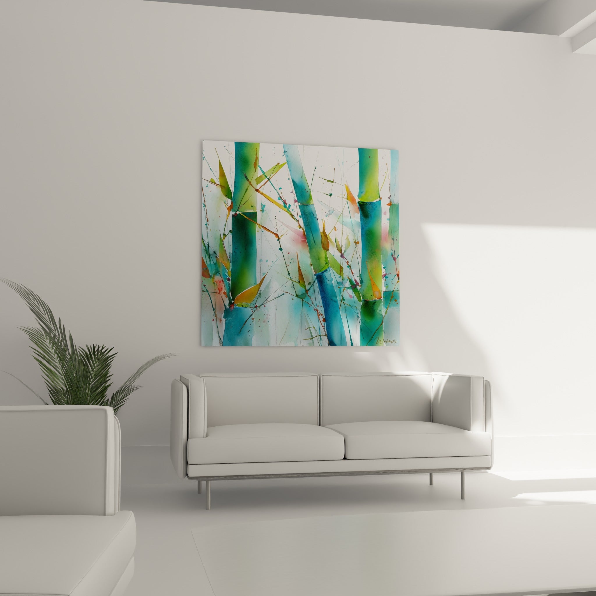Bambou peint en vert et bleu avec éclats ocre au-dessus d'un canapé dans un salon lumineux