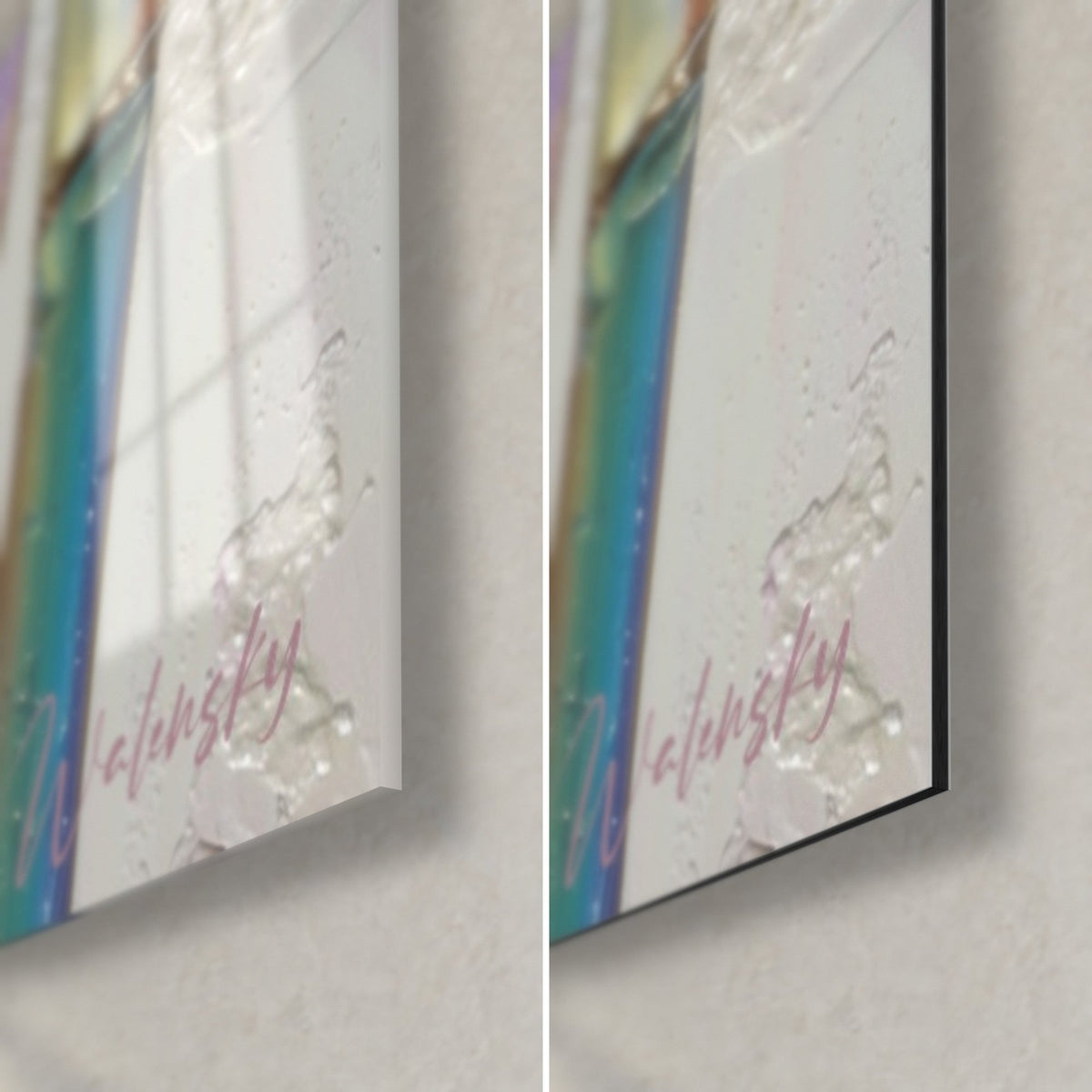 Tableau canne de bambou turquoise et lilas nacré, coin bas droit : verre acrylique brillant à gauche, alu Dibond blanc mat à droite