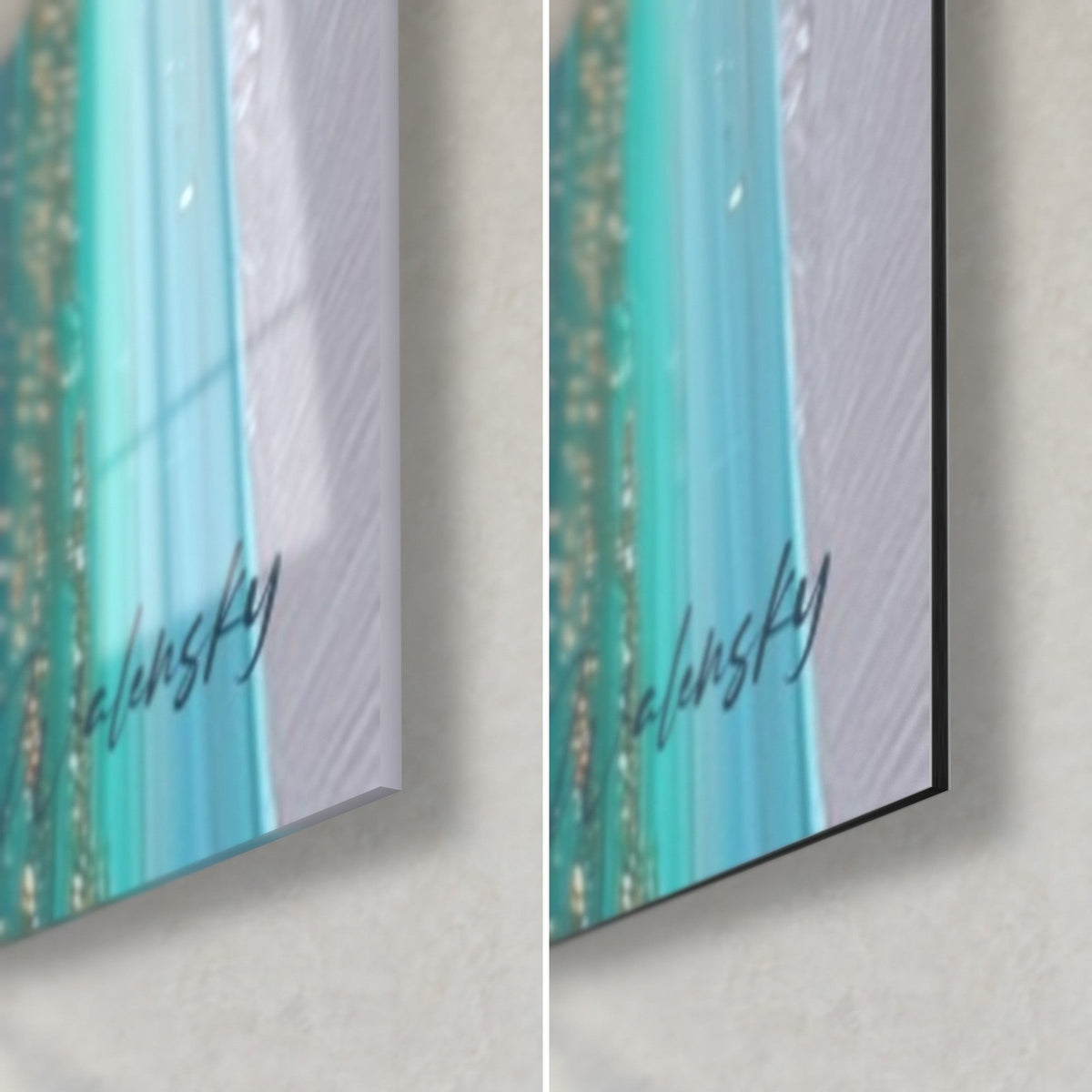Tableau bambou turquoise et gris perle, coin bas droit : verre brillant à gauche, Dibond noir mat à droite, tranche 3 mm