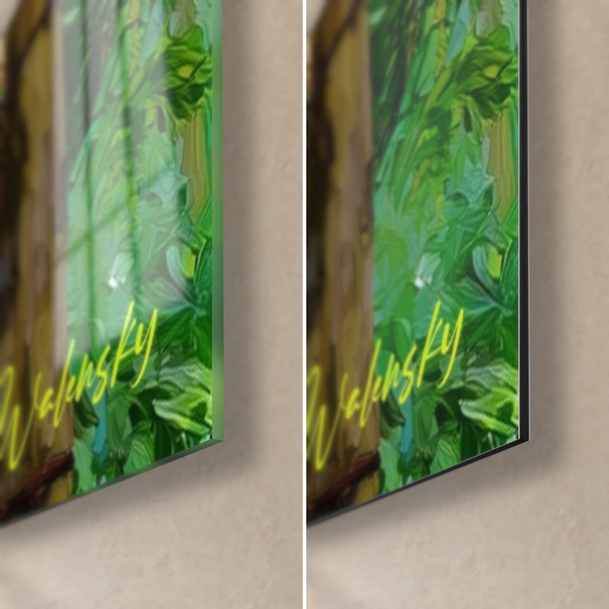 Tableau tiges de bambou vert et jaune, coin bas droit : verre acrylique brillant à gauche, alu Dibond mat à droite, tranche 3 mm