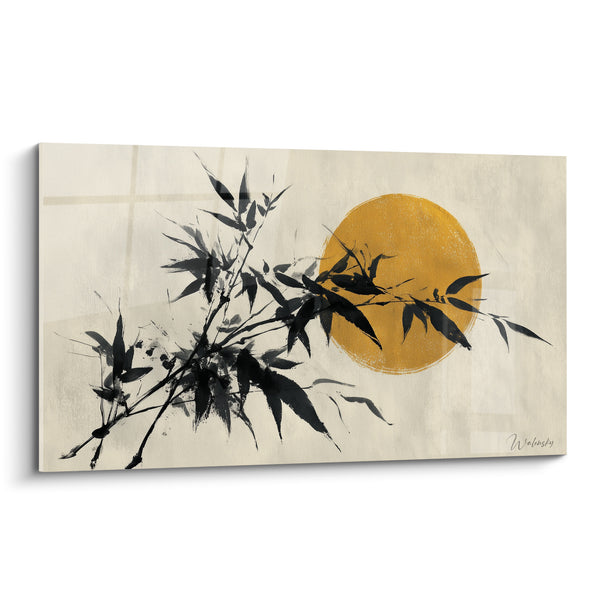 Black Branch Ink Artwork in Front of Ocher Disk - Cracked Ivory Background - Bambou Edition