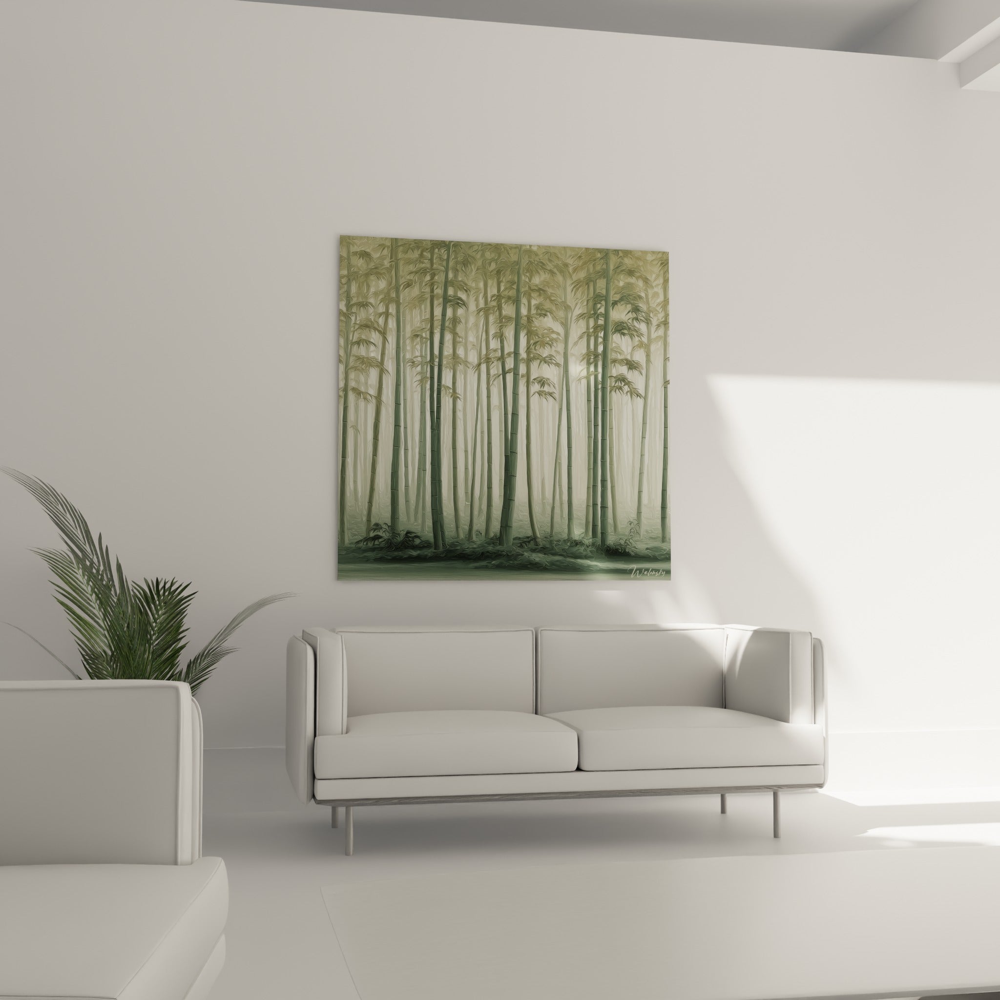 Tiges de bambou anthracite et vert sauge émergeant de la brume, au-dessus d'un canapé dans un salon lumineux