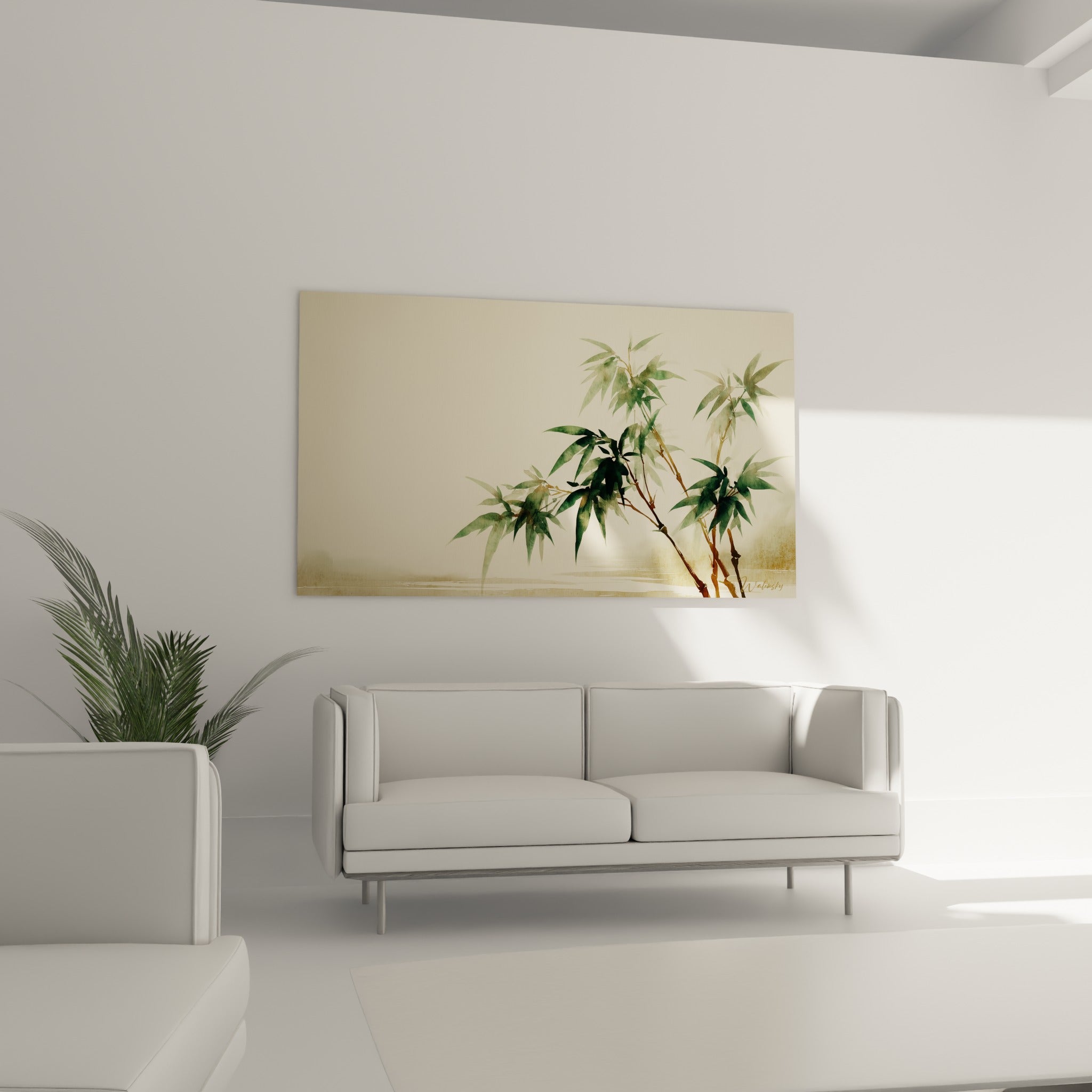 Feuillage de bambou vert foncé et beige doré placé au-dessus d'un canapé dans un salon lumineux