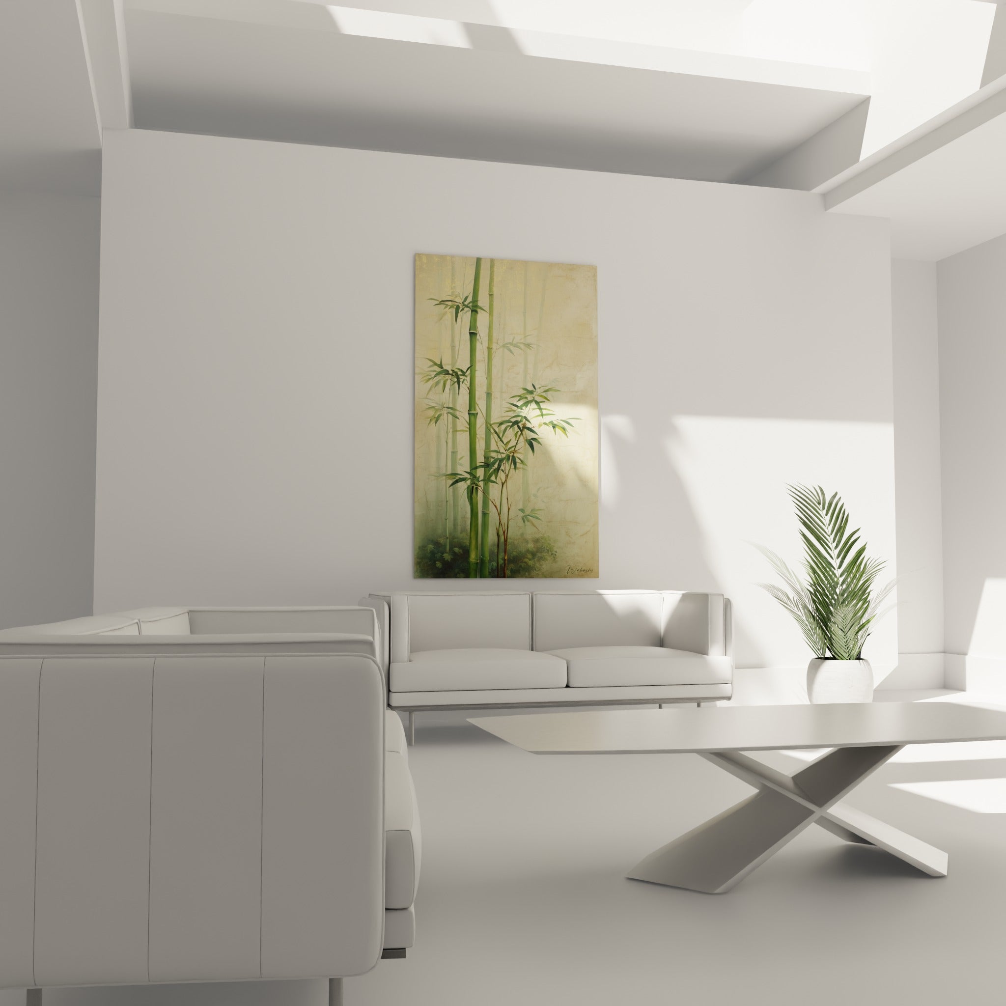 Feuillage de bambou vert et beige doré, disposé au-dessus d'un canapé dans un salon lumineux