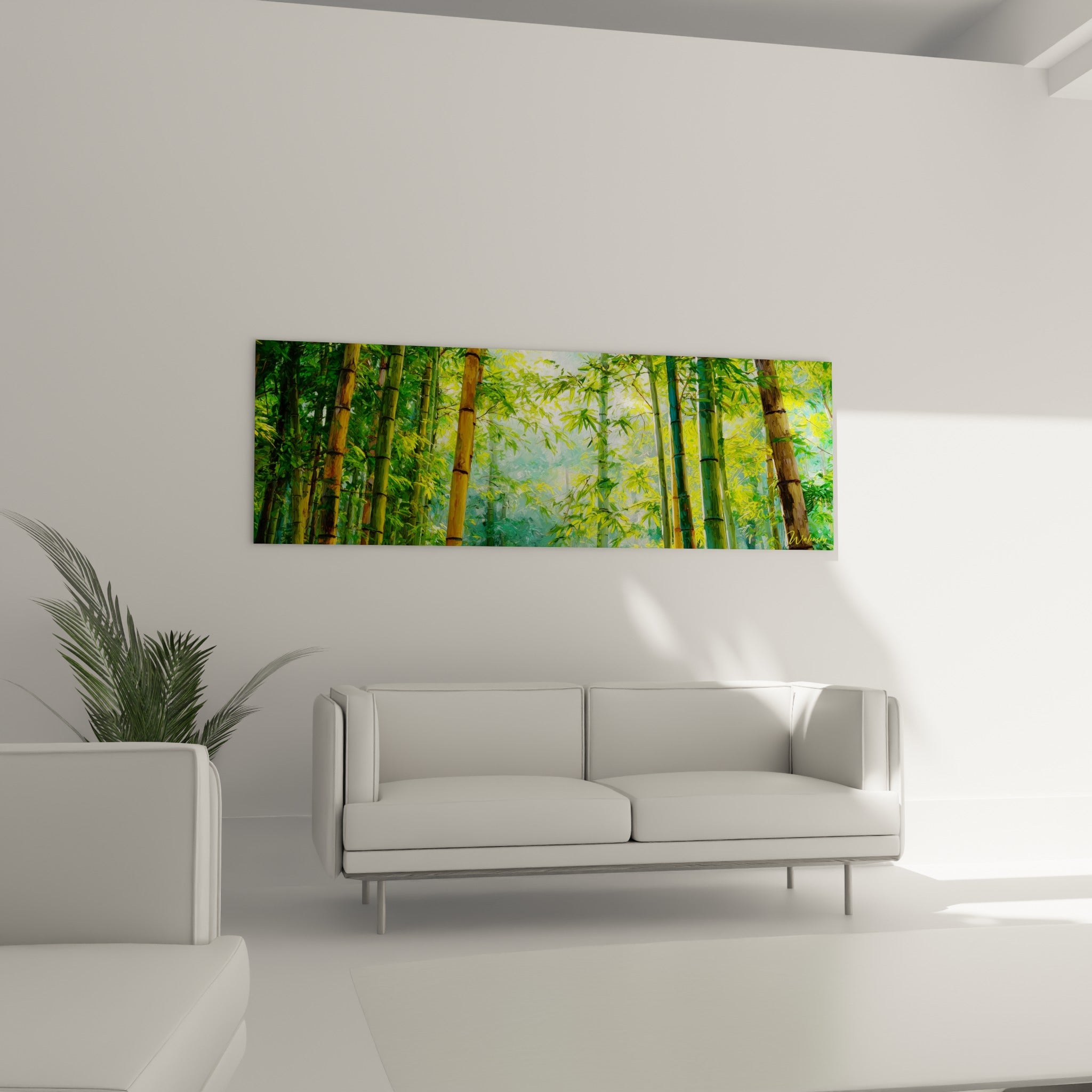 Forêt de bambou aux teintes émeraude et jaune ocre, suspendue au-dessus d'un canapé dans un salon lumineux