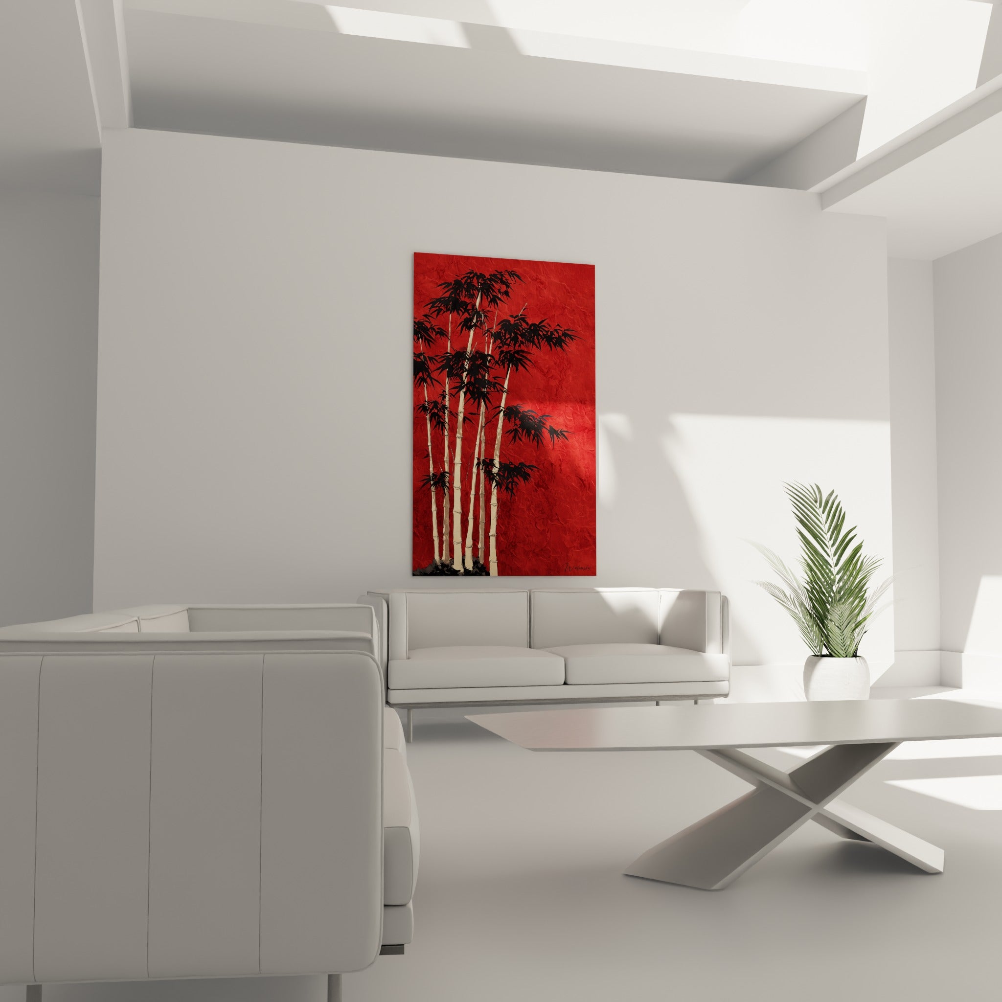 Bambou beige et noir se détachant sur fond écarlate, disposé au-dessus d'un canapé dans un salon lumineux