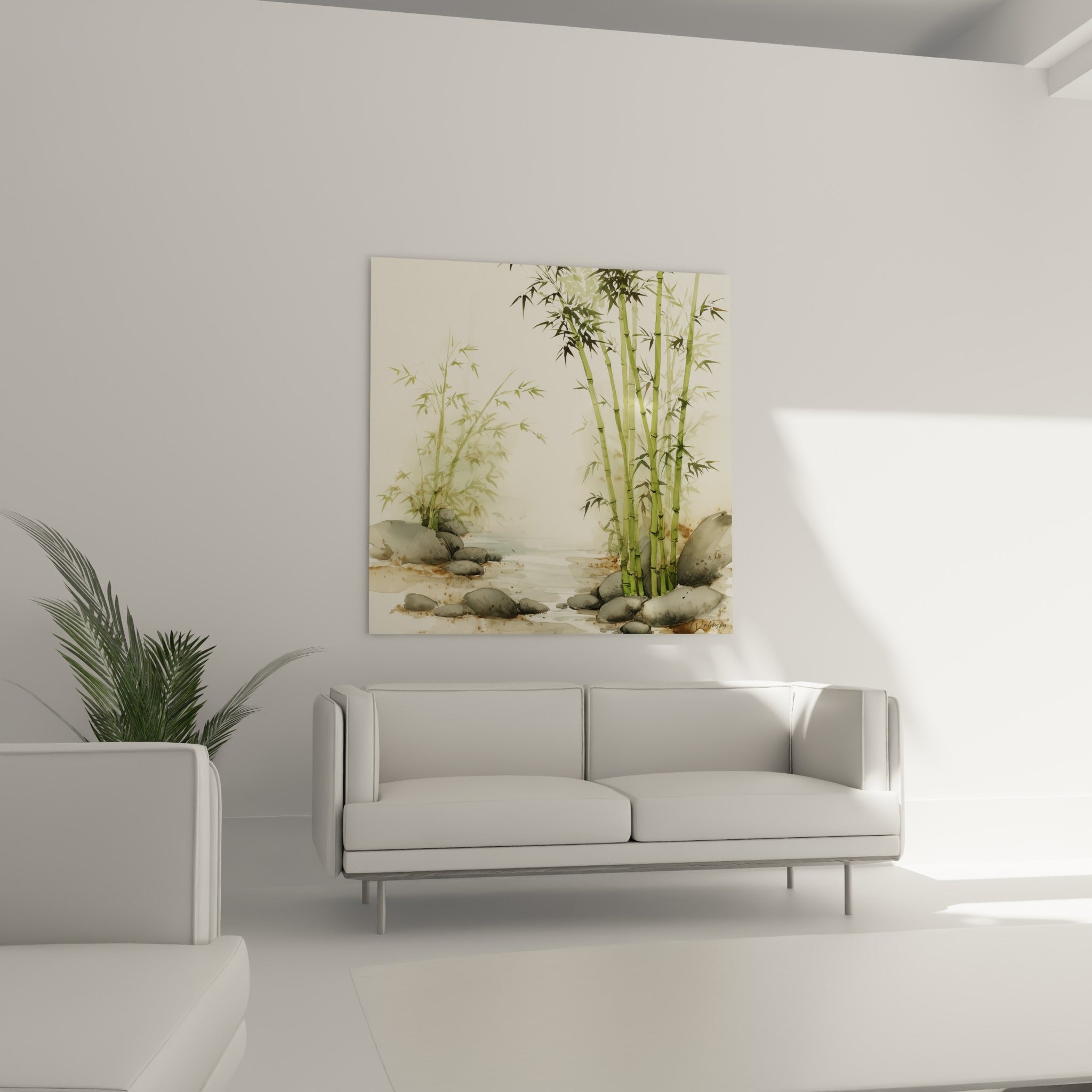 Feuillage de bambou vert olive et ocre borde une eau grise paisible, au-dessus d'un canapé dans un salon lumineux