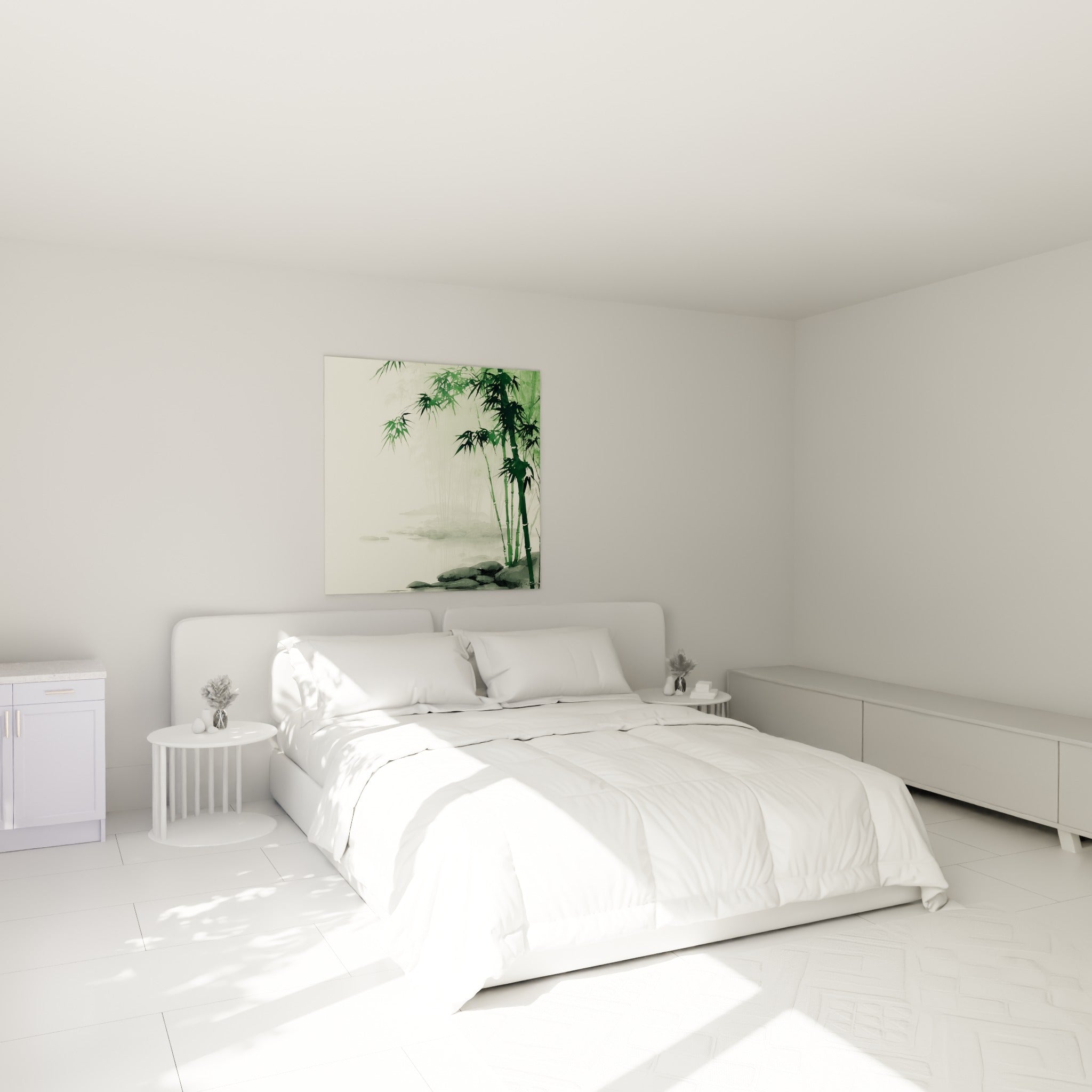 Tiges de bambou vert et brume grise surplombent un lit dans une chambre claire
