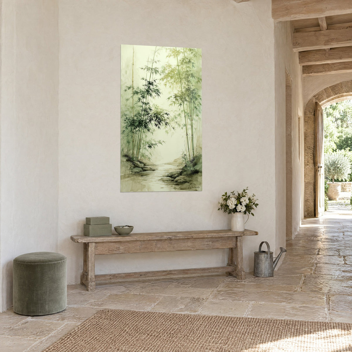 Wall art bamboo forest in watercolour, apple green and beige stalks, pale mist, hung in a vaulted stone corridor