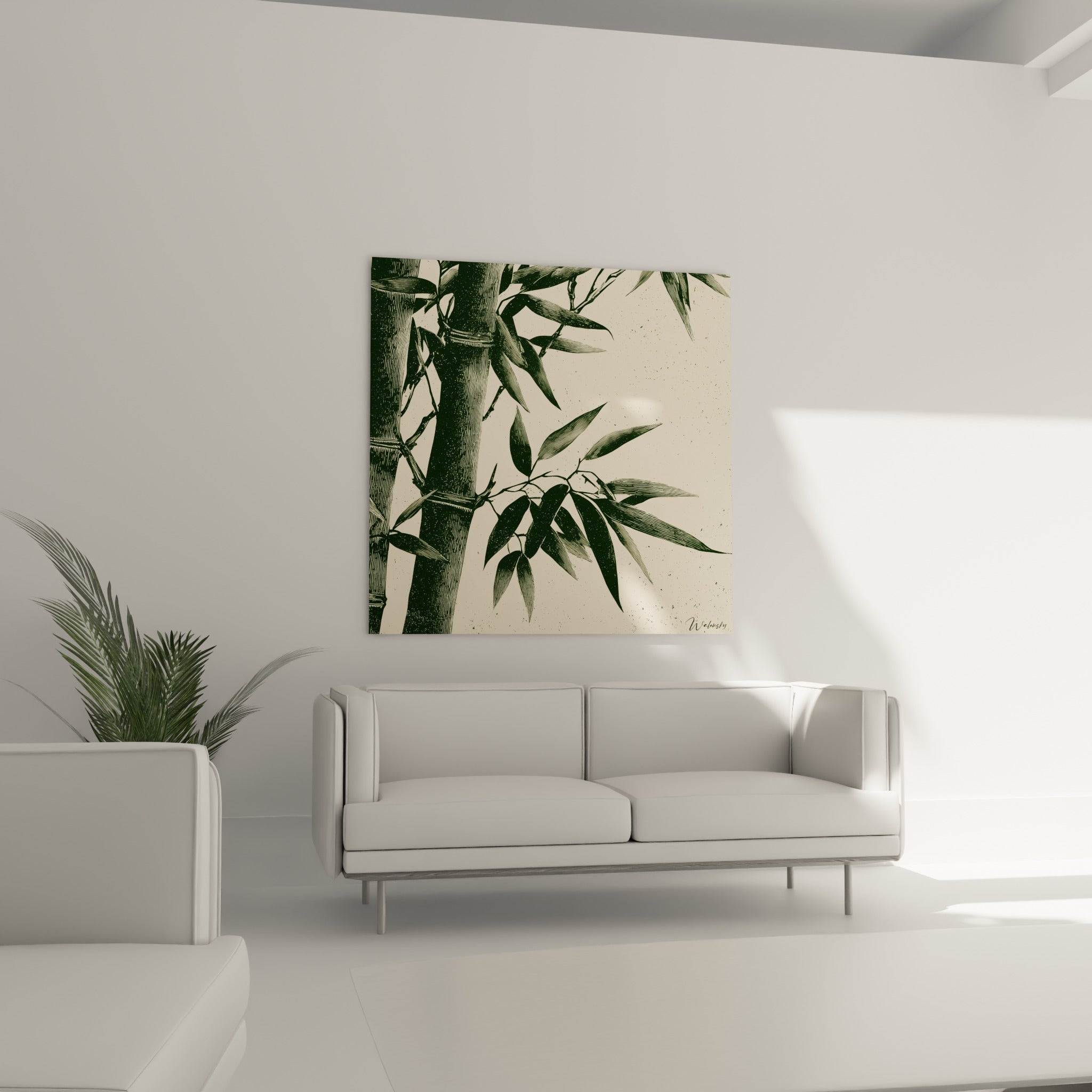 Feuillage de bambou vert et beige texturé, disposé au-dessus d'un canapé dans un salon lumineux