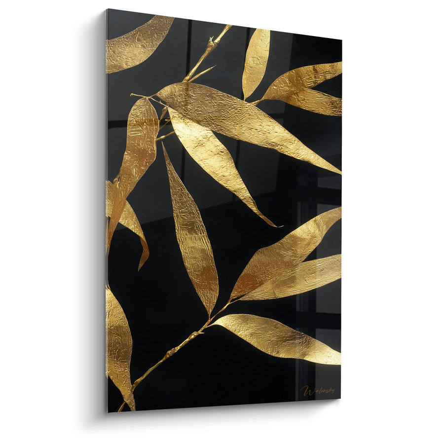 Tableau Feuilles dorées et noires branche texturée - Reflets métalliques - Edition Bambou