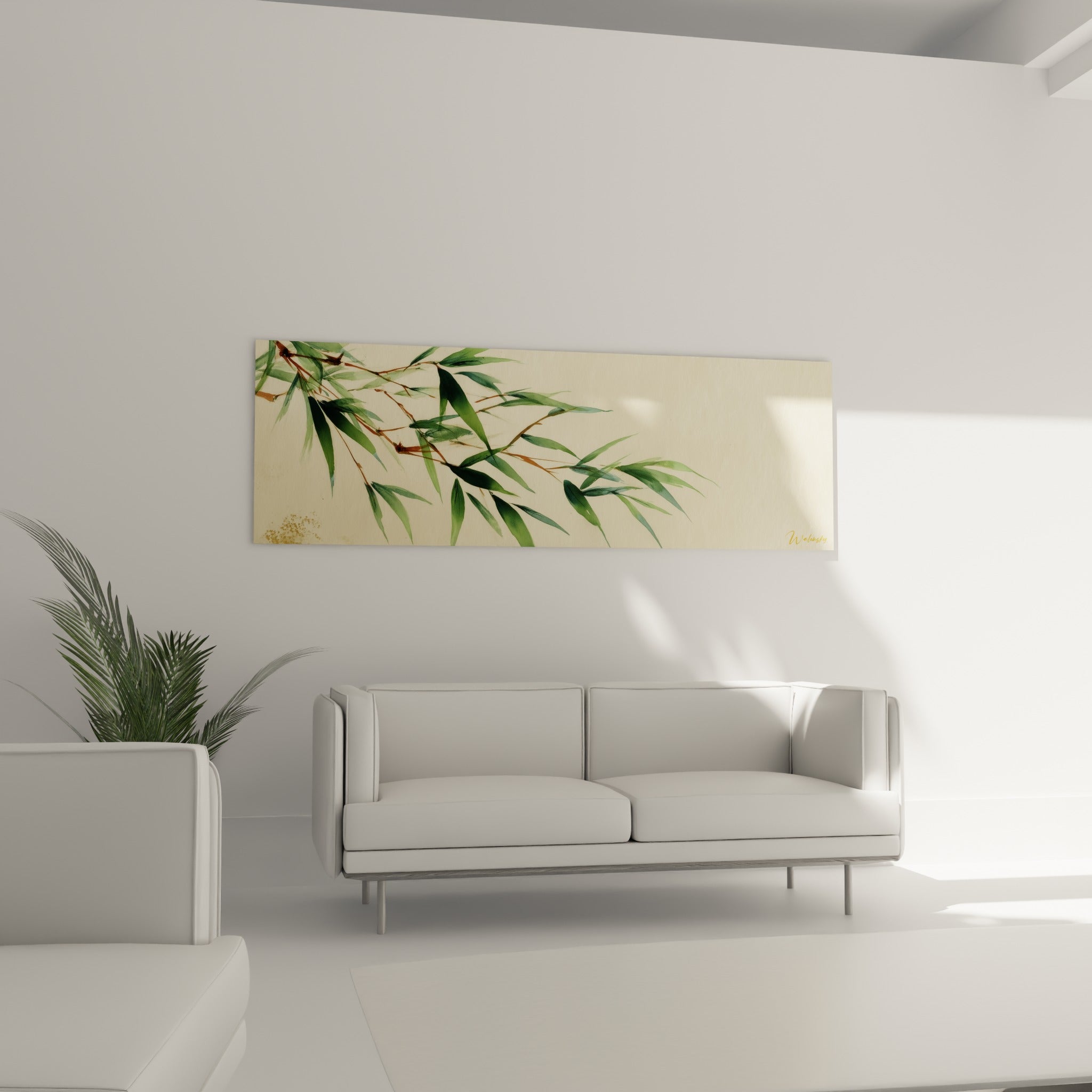 Rameau de bambou vert émeraude et ivoire en composition asymétrique, au-dessus d'un canapé dans un salon lumineux