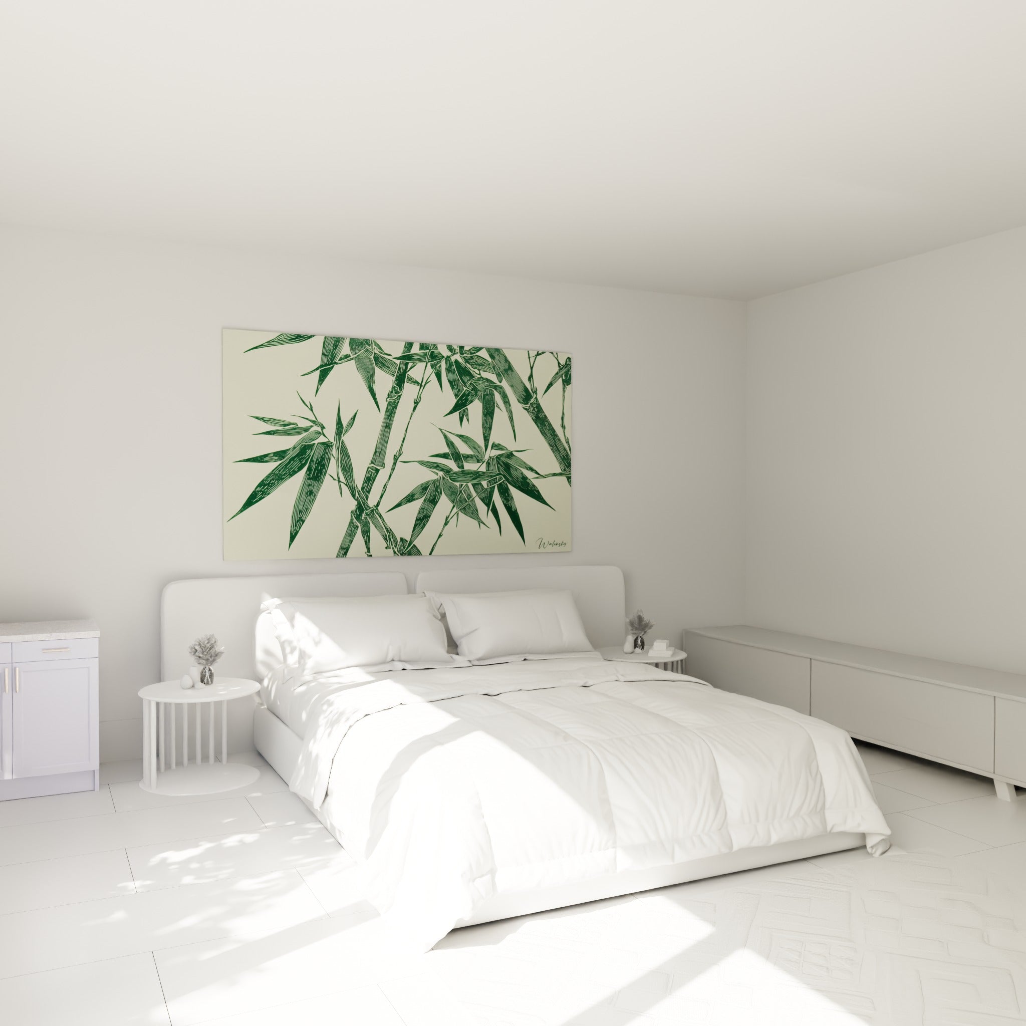 Feuilles de bambou vert sauge sur fond ivoire, au-dessus d'un lit dans une chambre claire