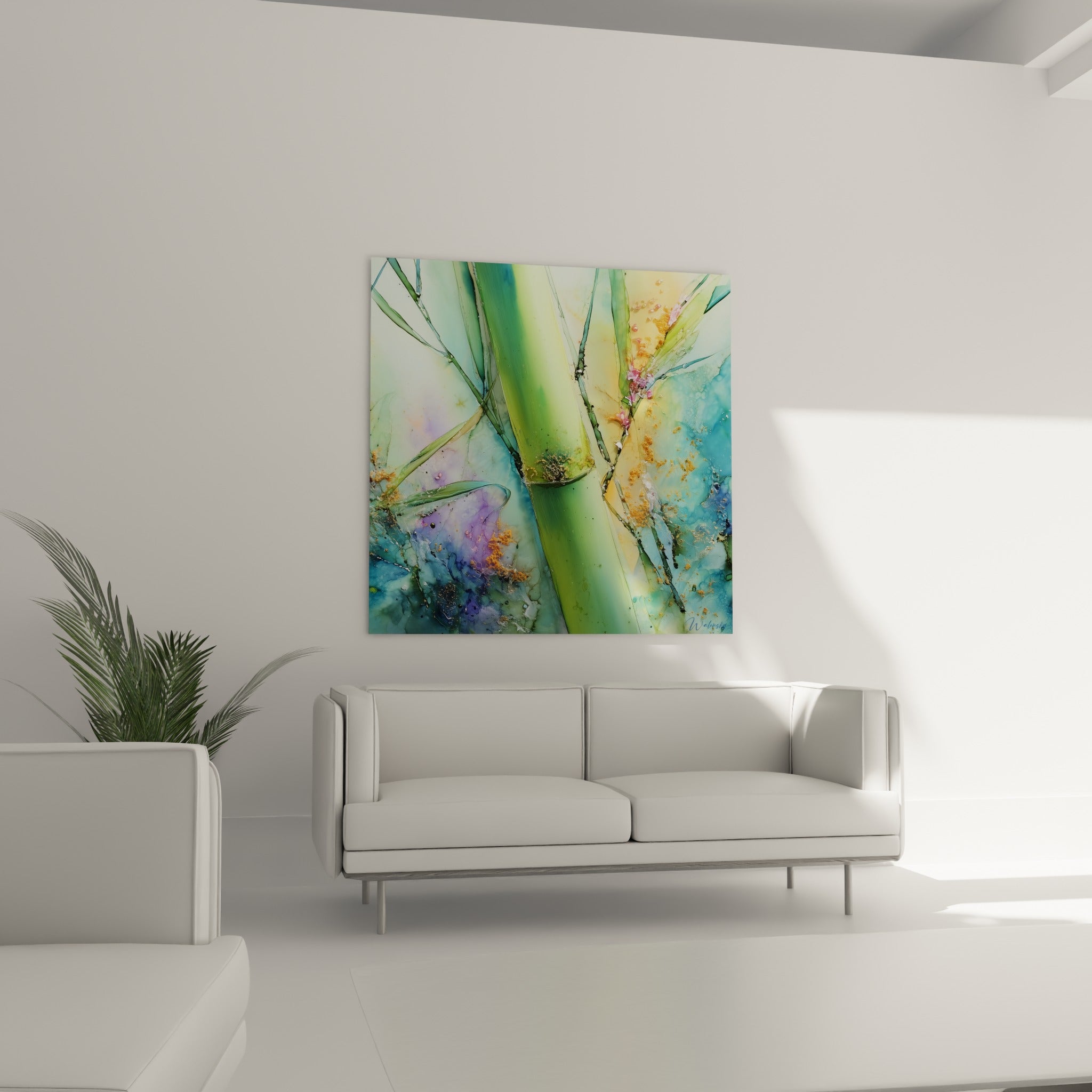 Feuilles de bambou vertes et orangées se déployant en traits fins, au-dessus d'un canapé dans un salon lumineux