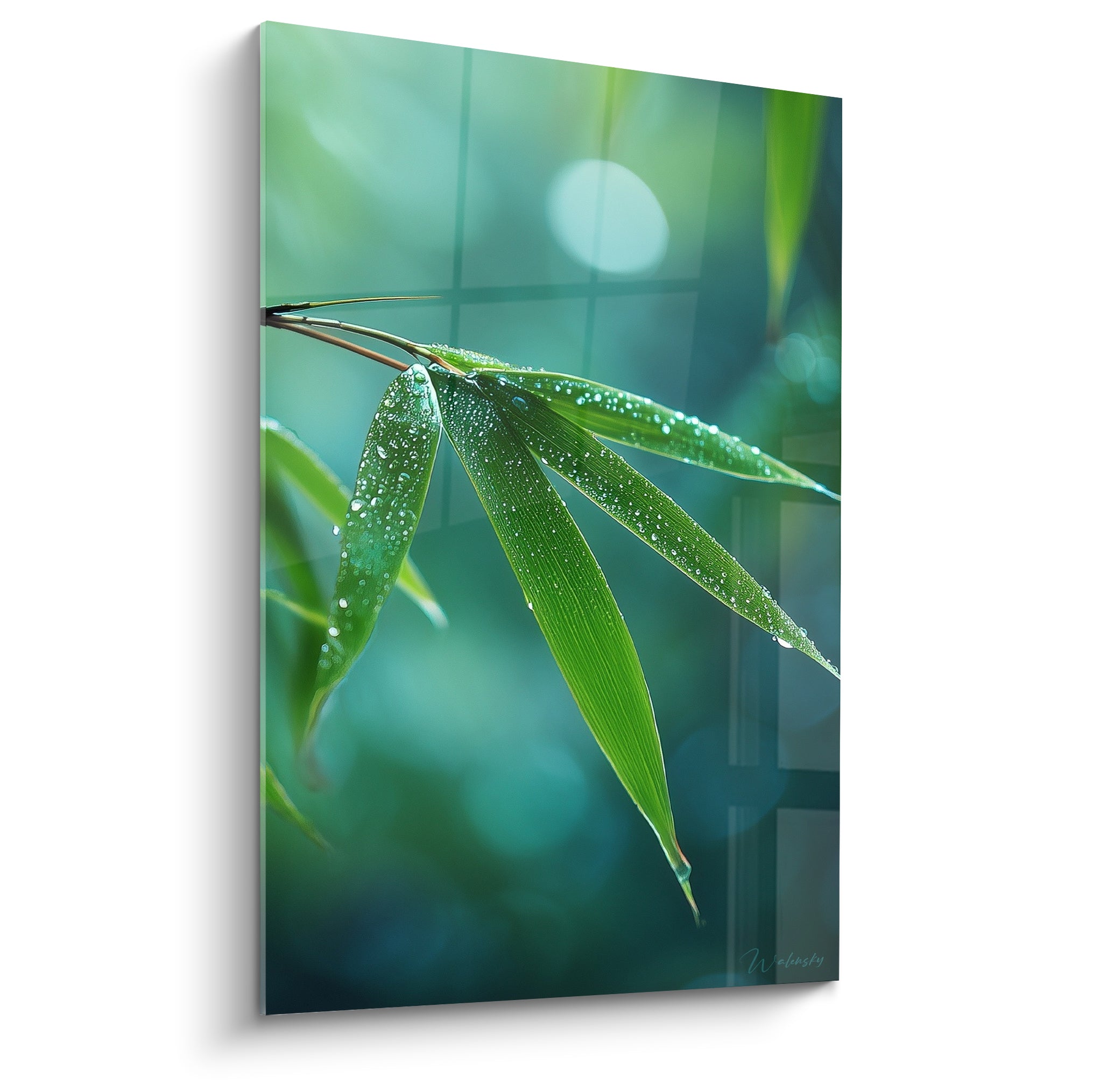 Feuilles de bambou vert émeraude perlées de rosée sur fond bleu turquoise flouté et lumineux
