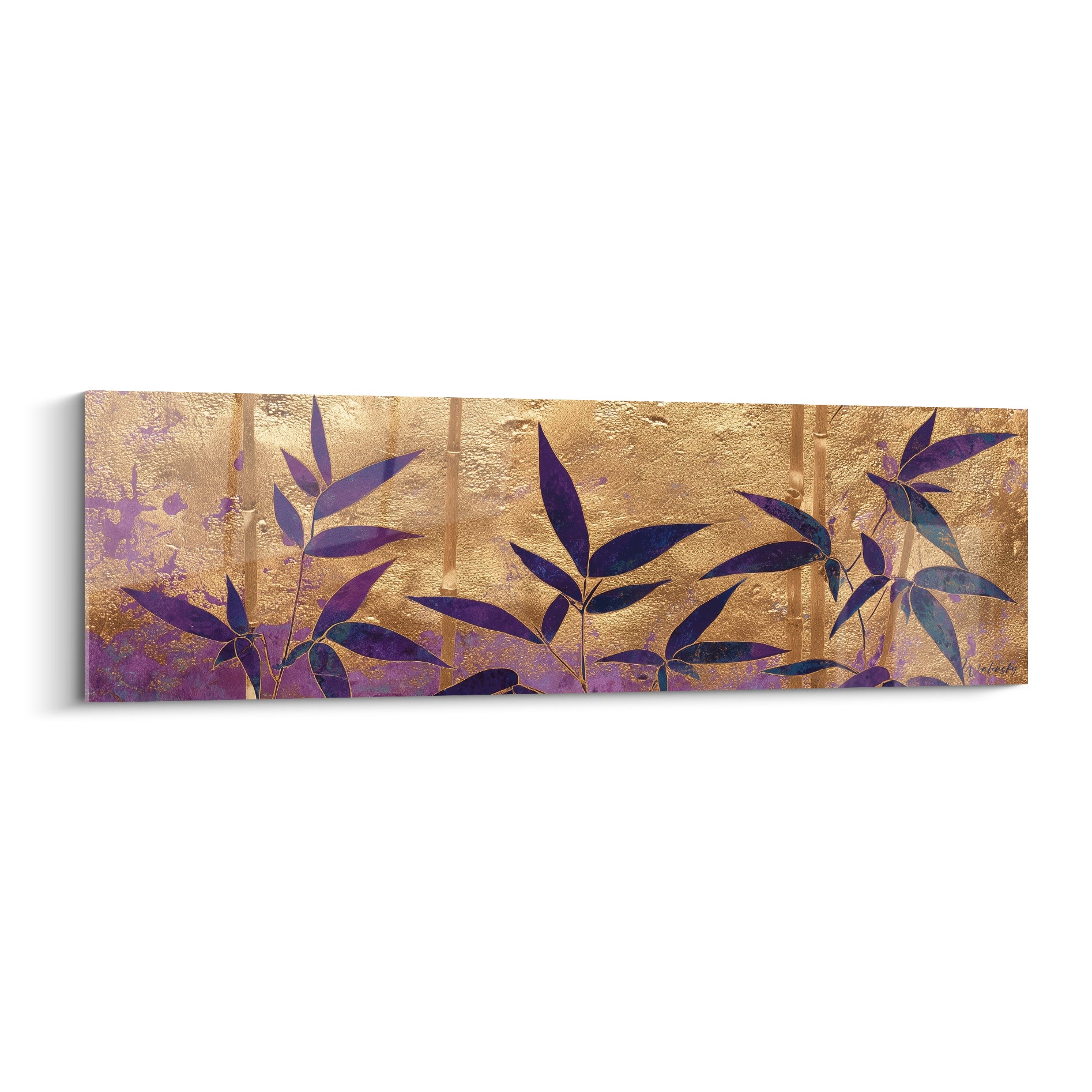 Bambou aux feuilles violettes et bleu nuit sur fond doré texturé et brillant