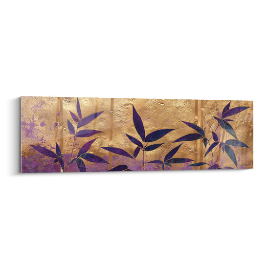 Bambou aux feuilles violettes et bleu nuit sur fond doré texturé et brillant
