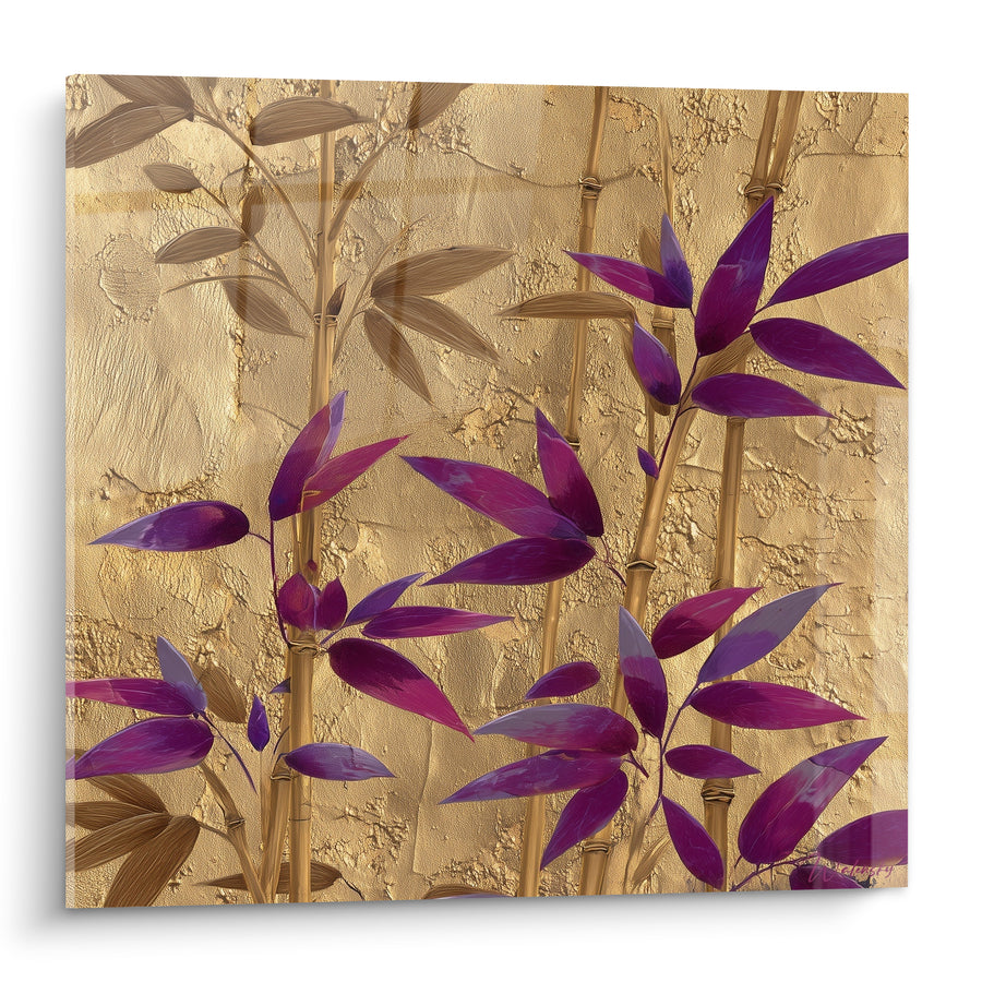 Tableau Bambou aux feuilles violettes sur fond doré - Jardin précieux - Edition Bambou