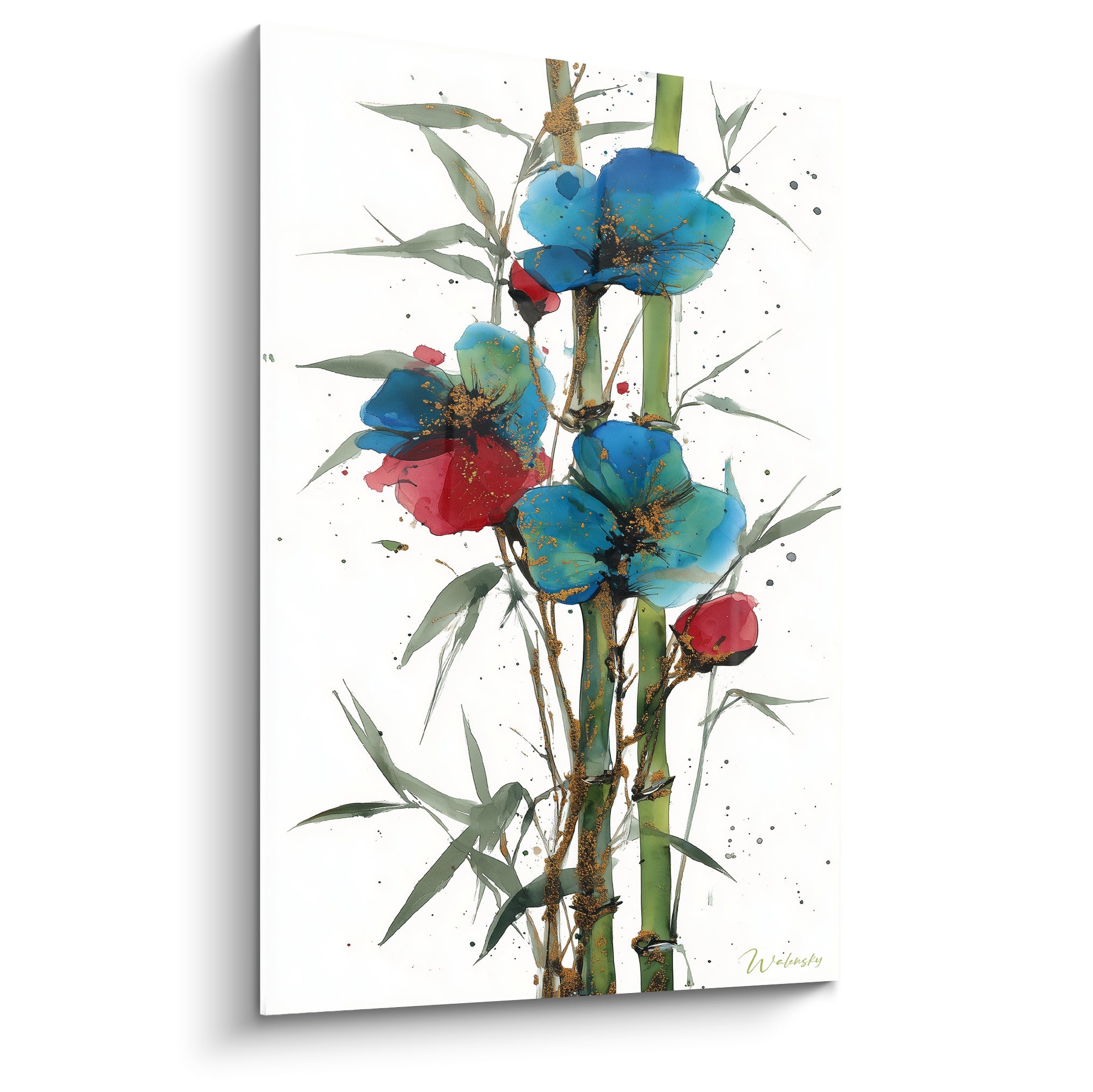 Fleurs de bambou bleu turquoise et rouge carmin peintes sur fond blanc éclatant
