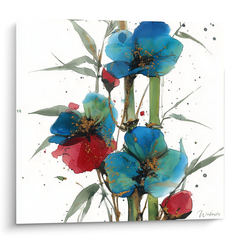 Tableau Fleurs bleues aux pétales rouges éclatants - Éclosion printanière - Edition Bambou