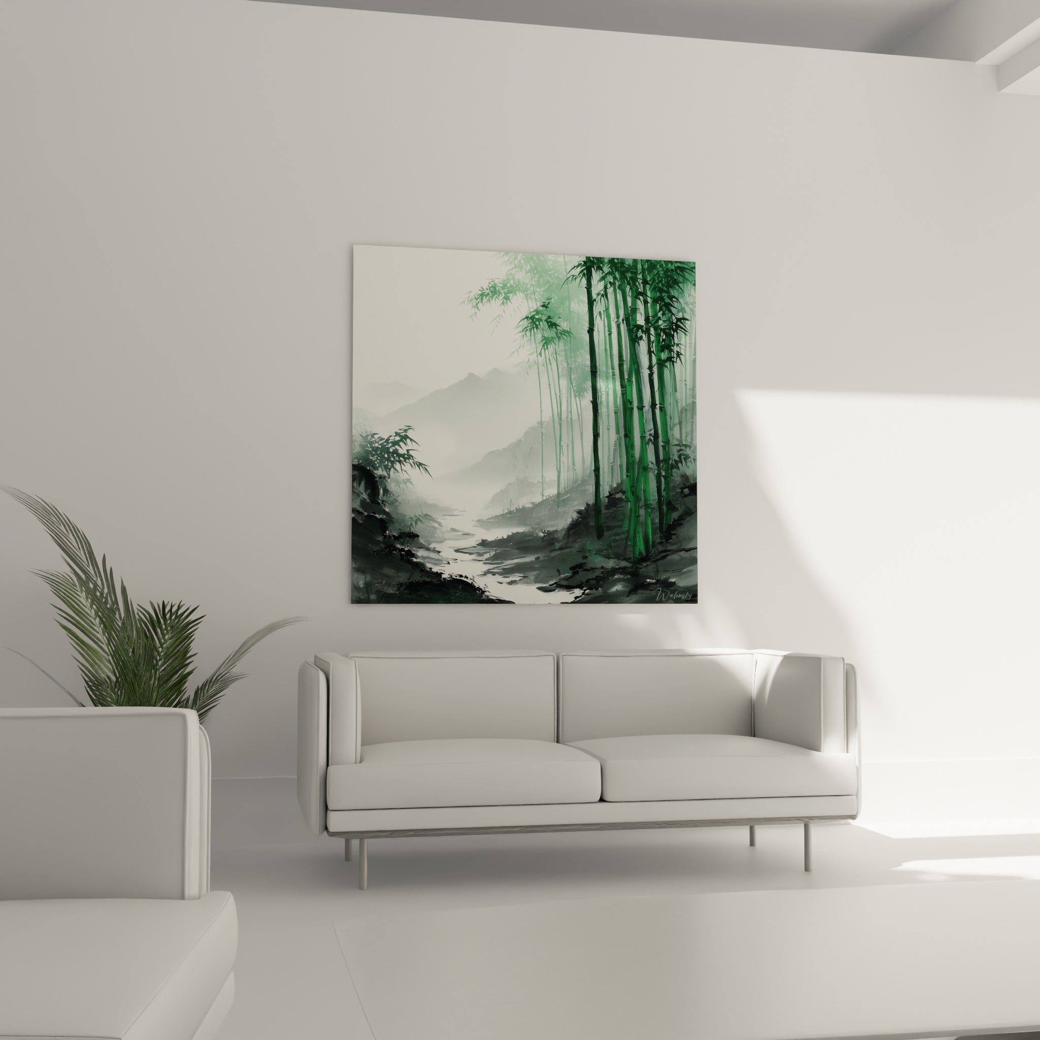 Forêt de bambou vert et gris s'élevant au-dessus d'un canapé dans un salon lumineux