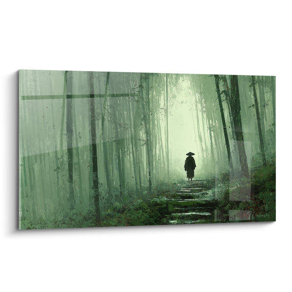 Cuadro Silueta verde y negro sobre sendero de piedras - Escalera musgosa forestal - Edición Bambú