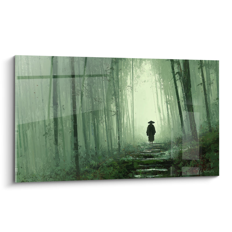Tableau Silhouette vert et noir sur sentier de pierres - Escalier moussu forestier - Edition Bambou