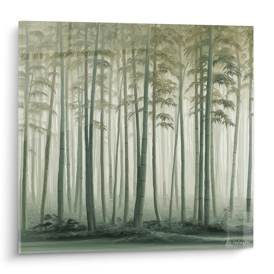 Tableau Bosquet vert et gris aux tiges élancées - Fougères au sol - Edition Bambou