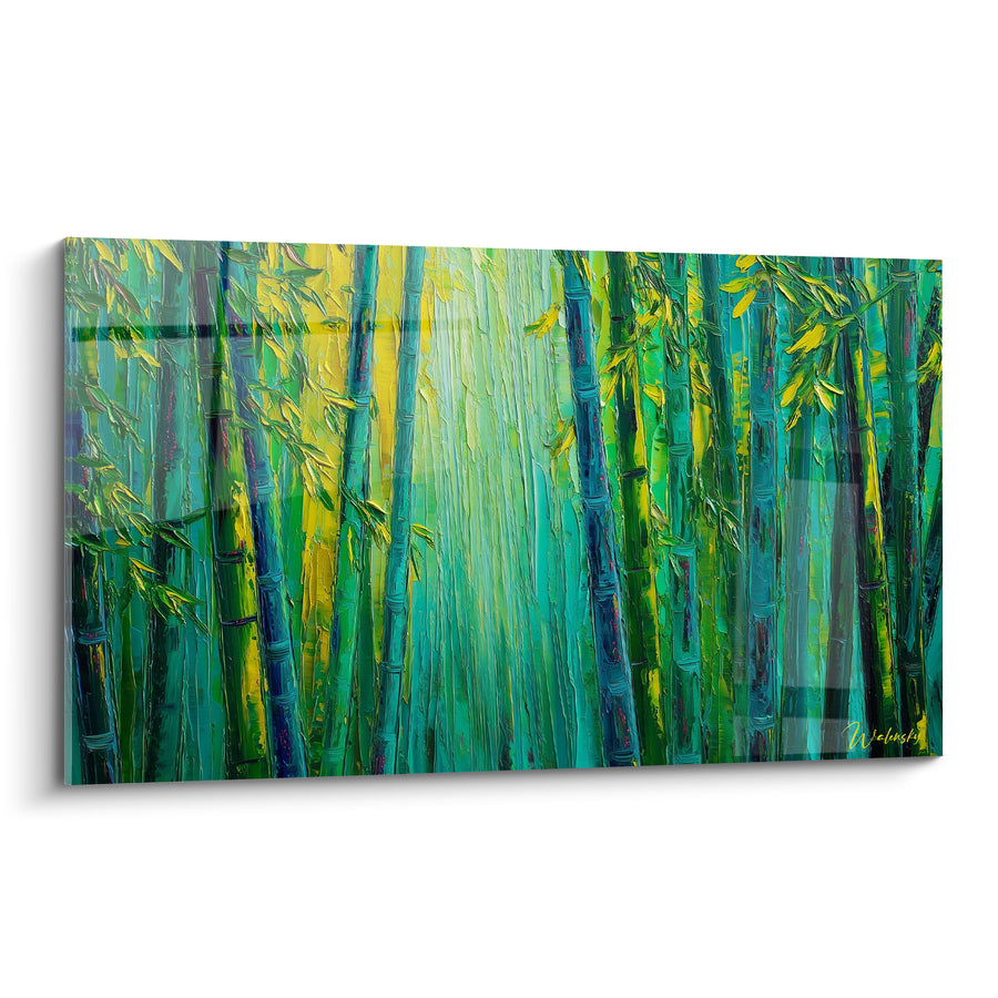 Gemälde Bambushain türkis und gelb zentrales Licht - Lichtdurchbruch - Edition Bambu