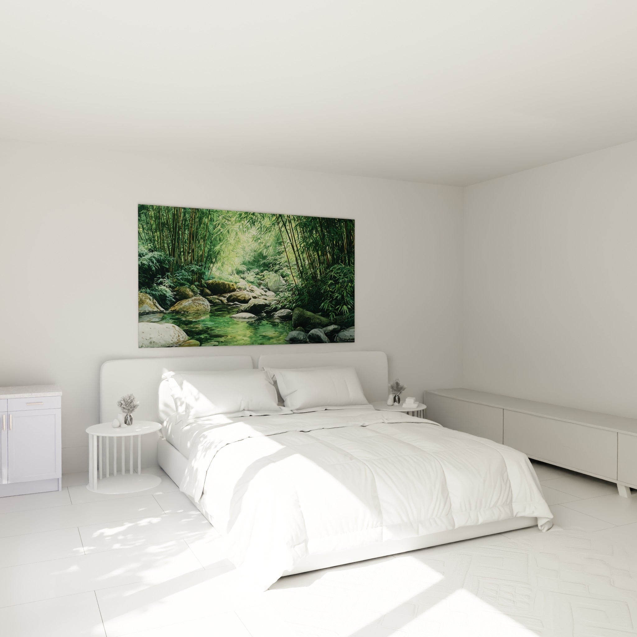 Bambou vert olive et ruisseau clair peints au-dessus d'un lit dans une chambre claire