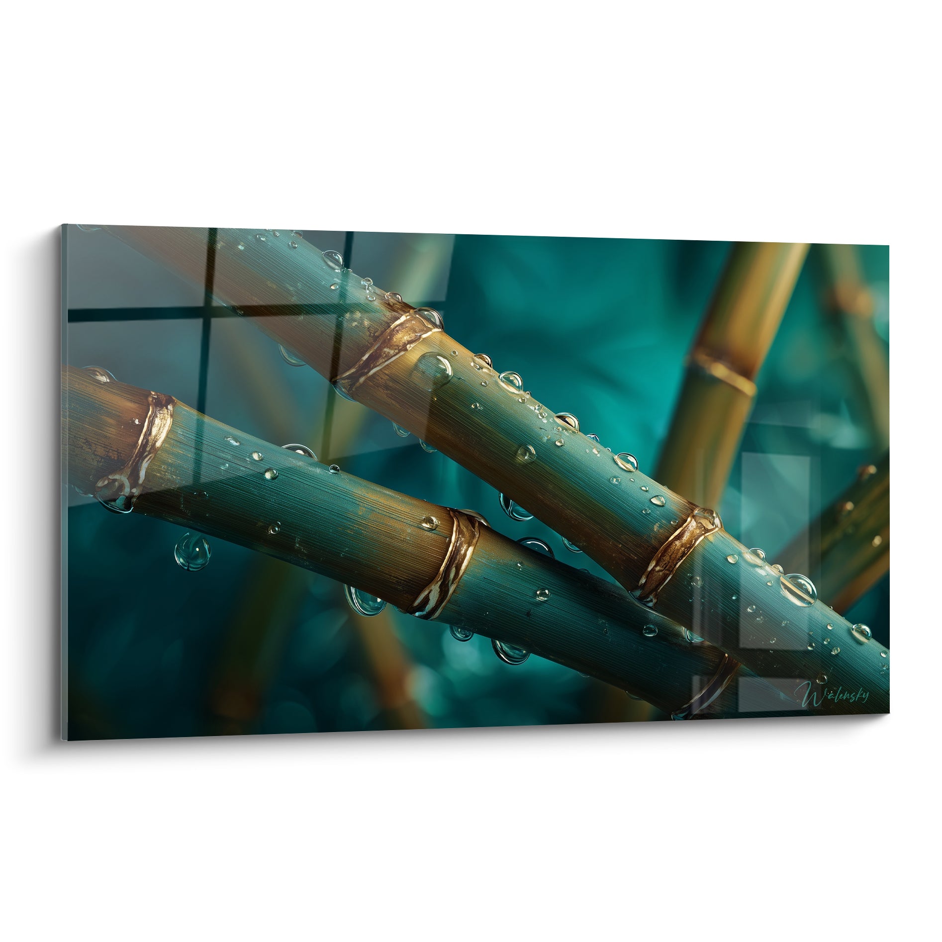 Tiges de bambou turquoise et doré ornées de gouttes d'eau, composition en diagonale rapprochée