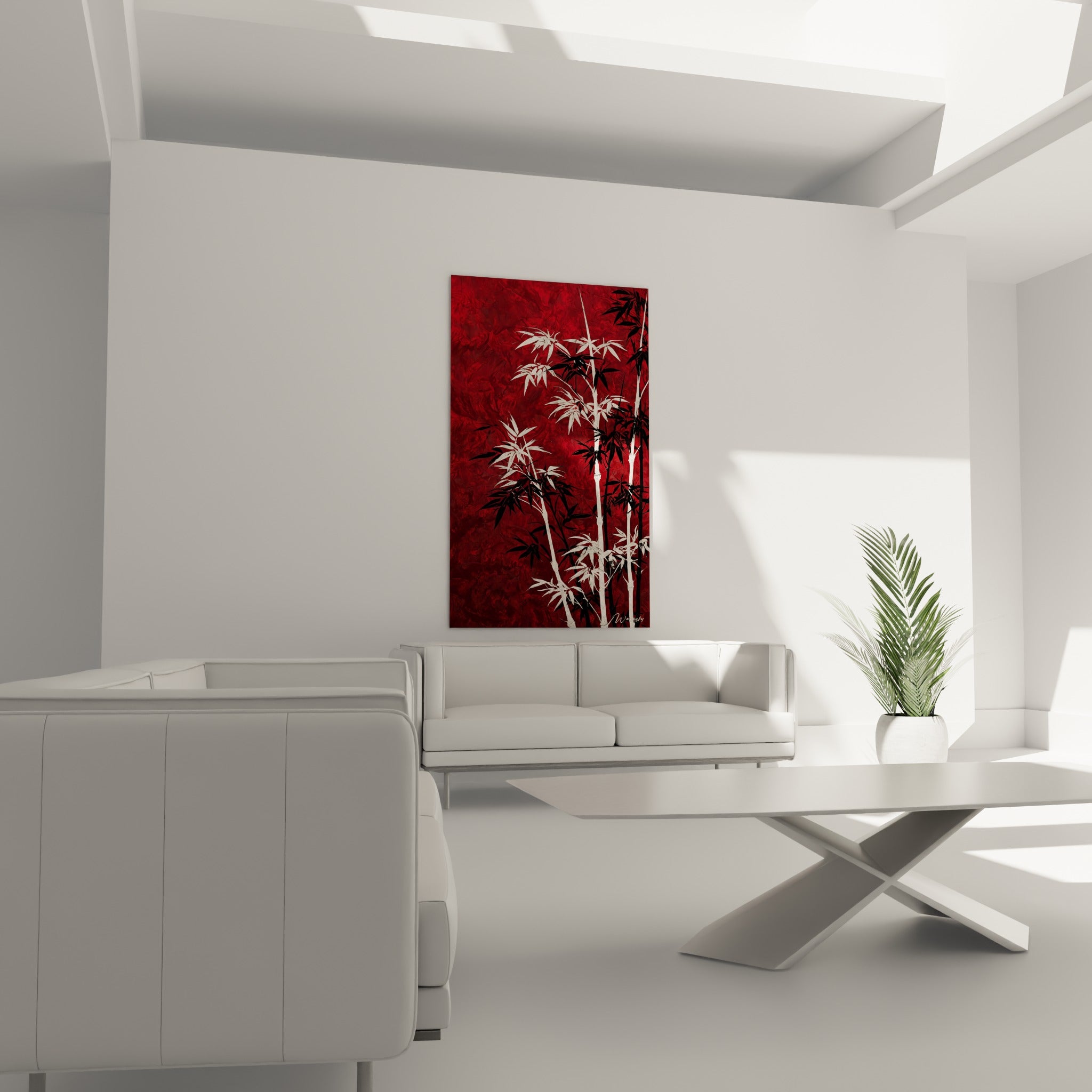 Bambou noir et blanc contrastant sur fond carmin, au-dessus d'un canapé dans un salon lumineux