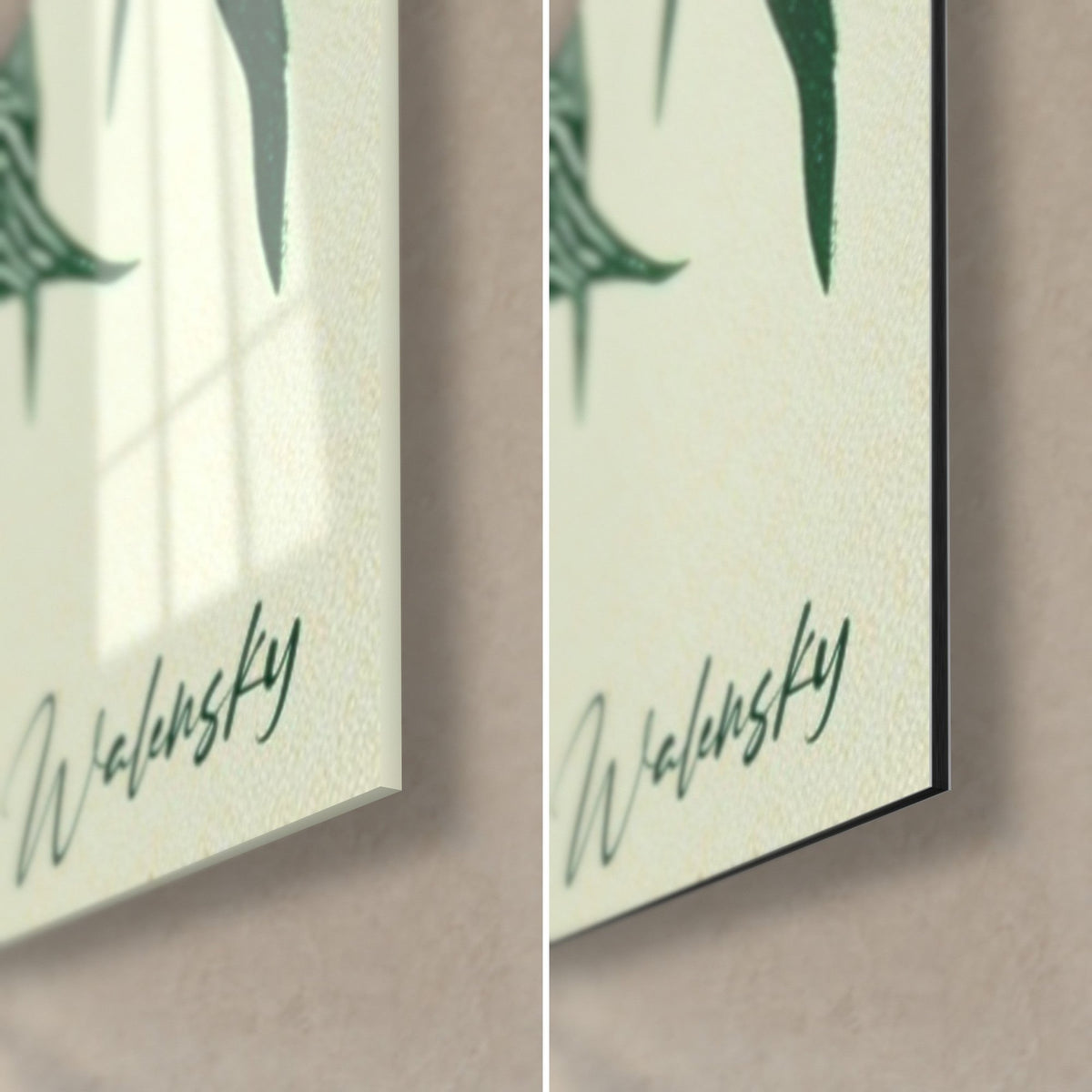 Quadro di bambù in linoleografia verde profondo su avorio, angolo in basso a destra, firma Walensky, vetro lucido e Dibond opaco